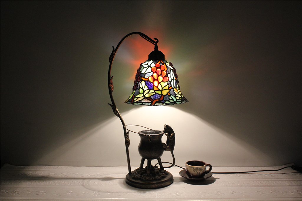 TOYM 9-Inch Tiffany Stained Glass Table Lamp with Glass Beads - Vintage European Style Decorative Lighting for Living Room, Bedroom & Office Decor