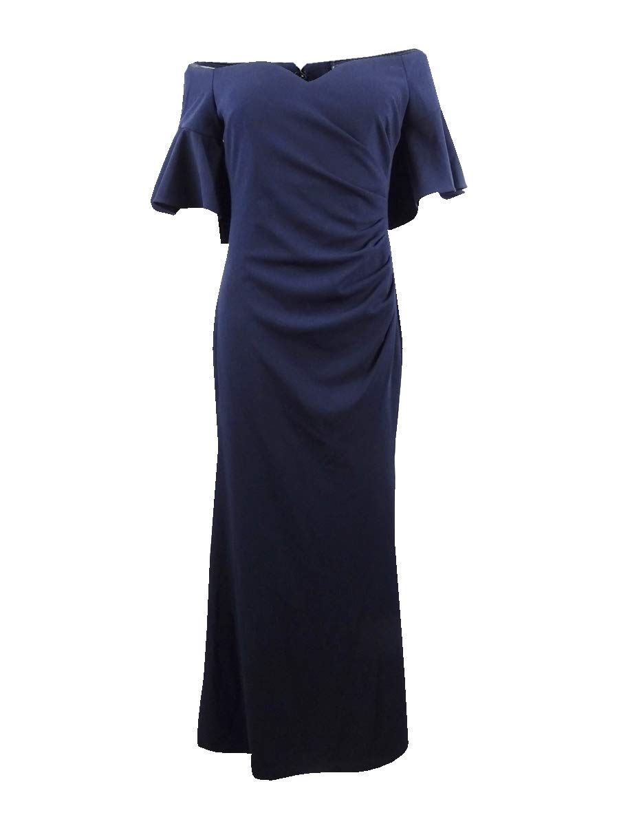 Calvin Klein Women's Navy Blue Zippered Bell Sleeve Off-Shoulder Formal Gown Size 4 | Elegant Evening Dress for Weddings, Parties & Special Occasions