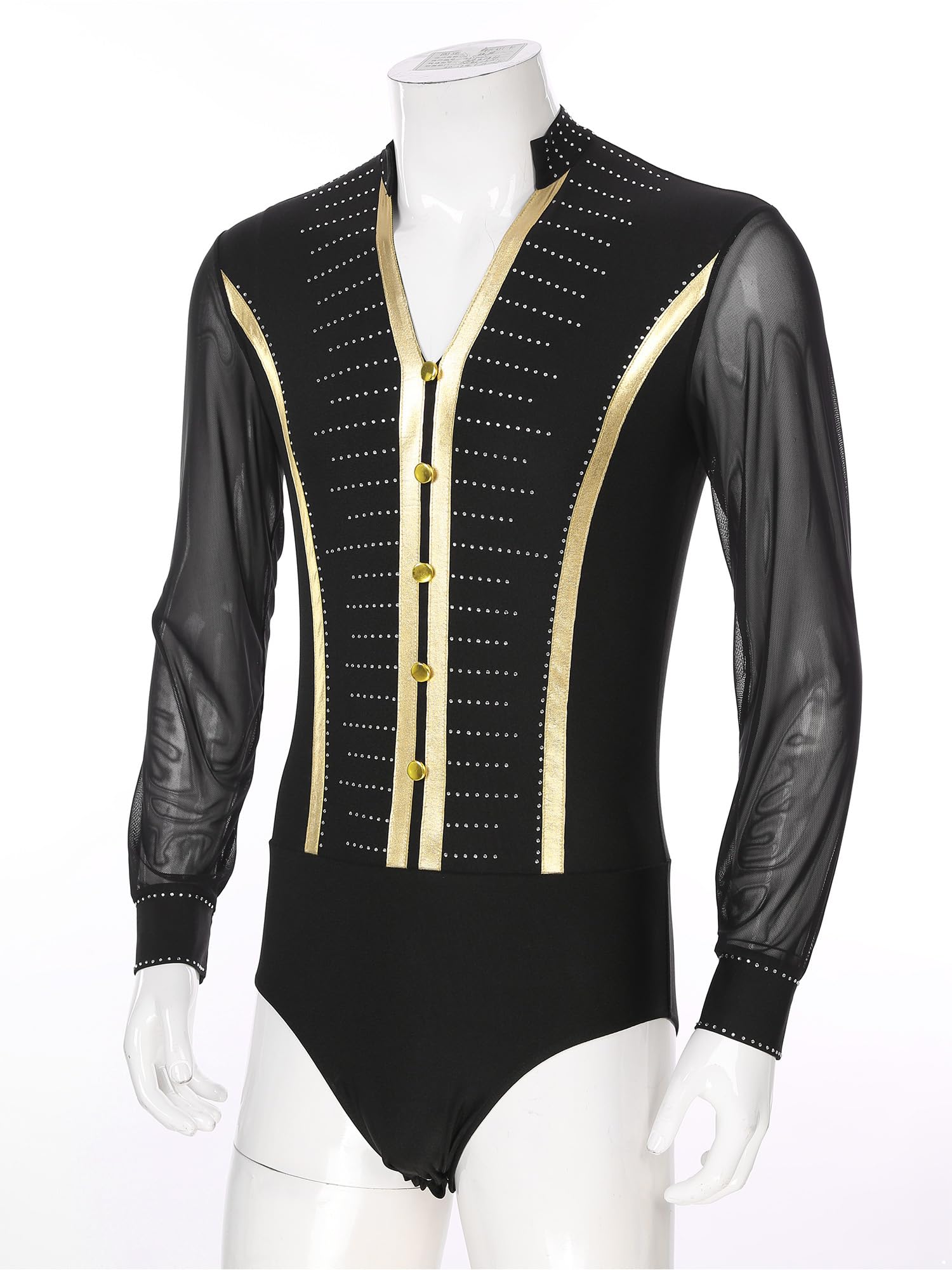 Mens Latin Ballet Dance Bodysuit Leotard - Long Sleeve V Neck Mesh Splice Shiny Rhinestones Shirts for Performance, Competition & Stage Costume