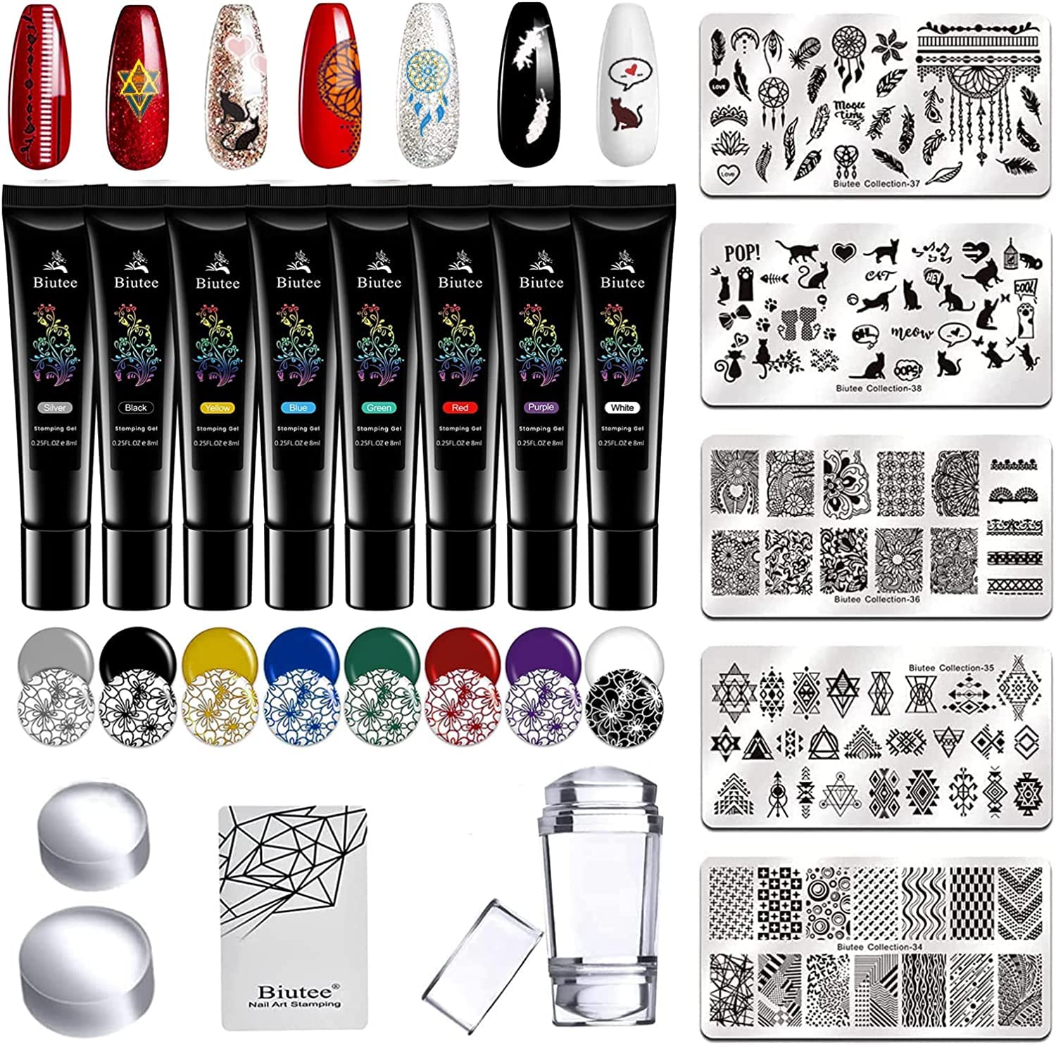 Biutee Professional Nail Stamp Kit - 8 Colors Gel Stamping Polish, 5 Nail Stamp Plates, Stamper & Scraper - Salon Quality Manicure Tools for DIY Nail Art at Home or Professional Use
