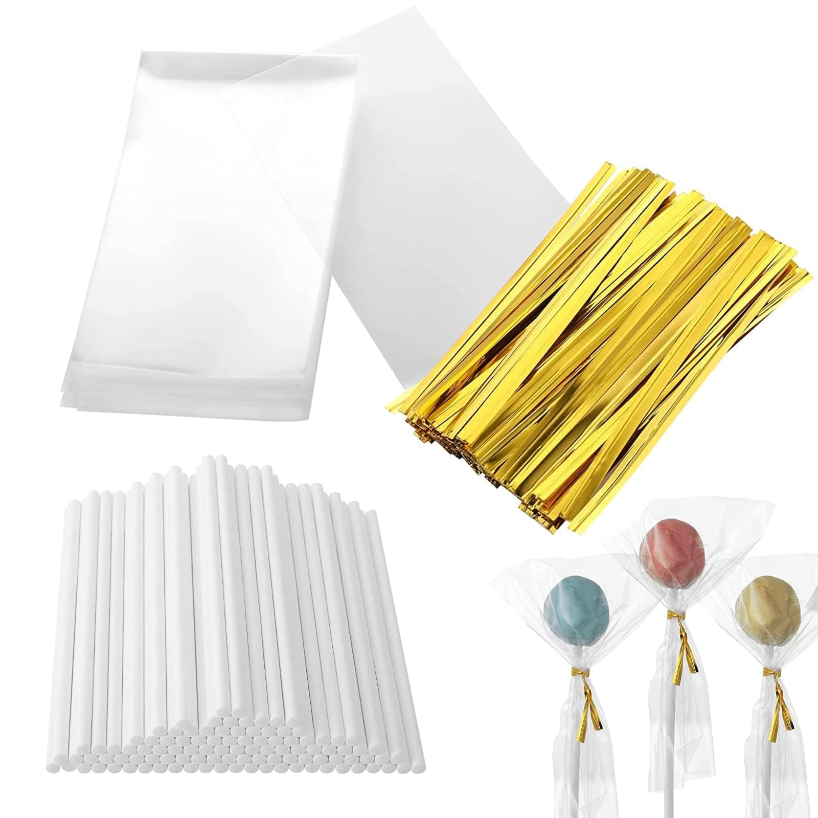 300-Piece Cake Pop Making Kit - 100 Lollipop Sticks, 100 Cake Pop Bags, 100 Twist Ties - Essential Baking Tools for Homemade Cake Pops, Candy Apples & Chocolate Treats - Perfect for Birthday Parties, Baby Showers & Holiday Gift Packaging