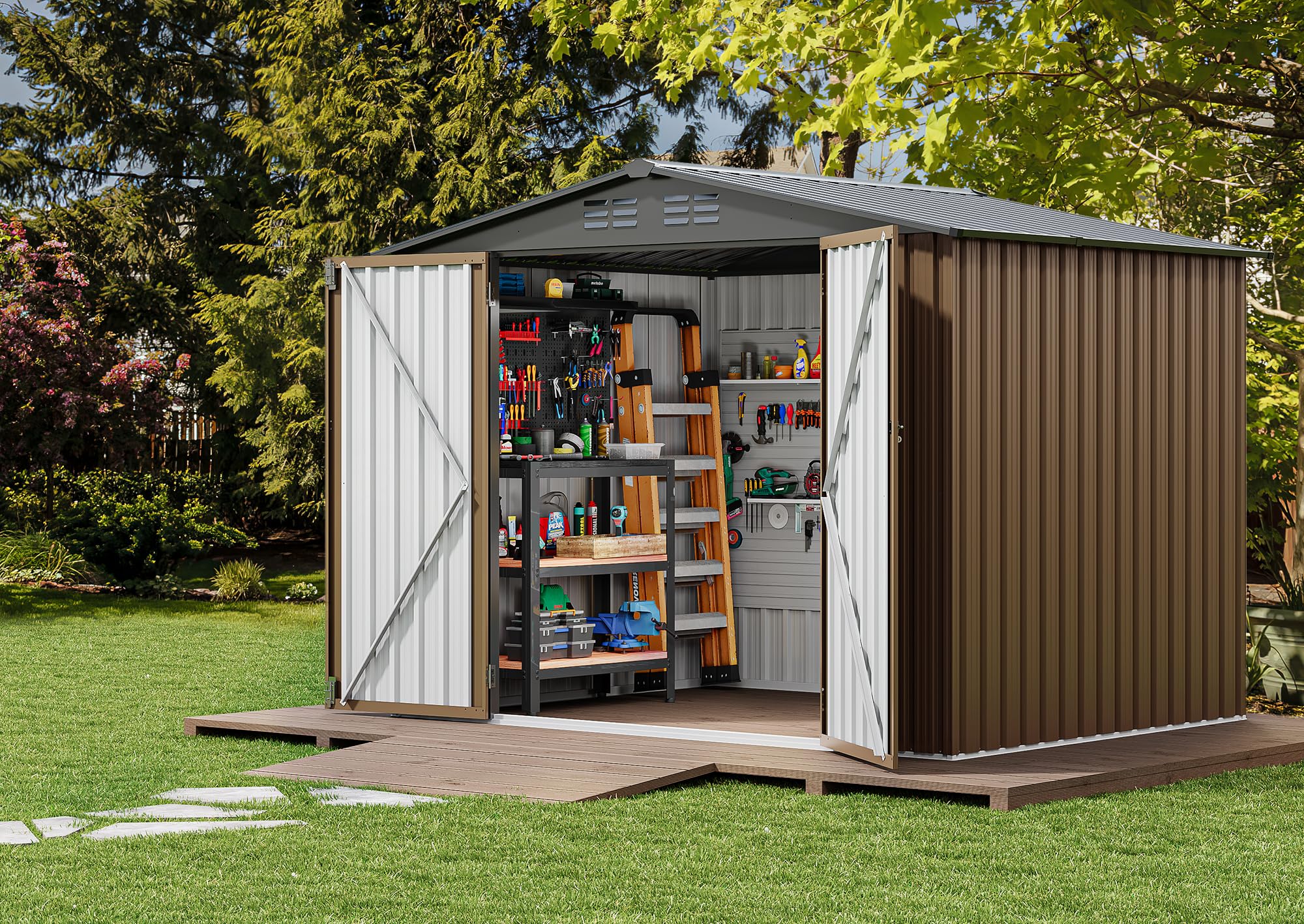 DWVO 8x6 FT Heavy Duty Outdoor Metal Storage Shed - Large Lockable Tool Shed with Air Vent for Backyard, Patio & Lawn - Perfect for Storing Bikes, Tools, Lawn Mowers & Outdoor Equipment | Durable Weatherproof Garden Storage Solution