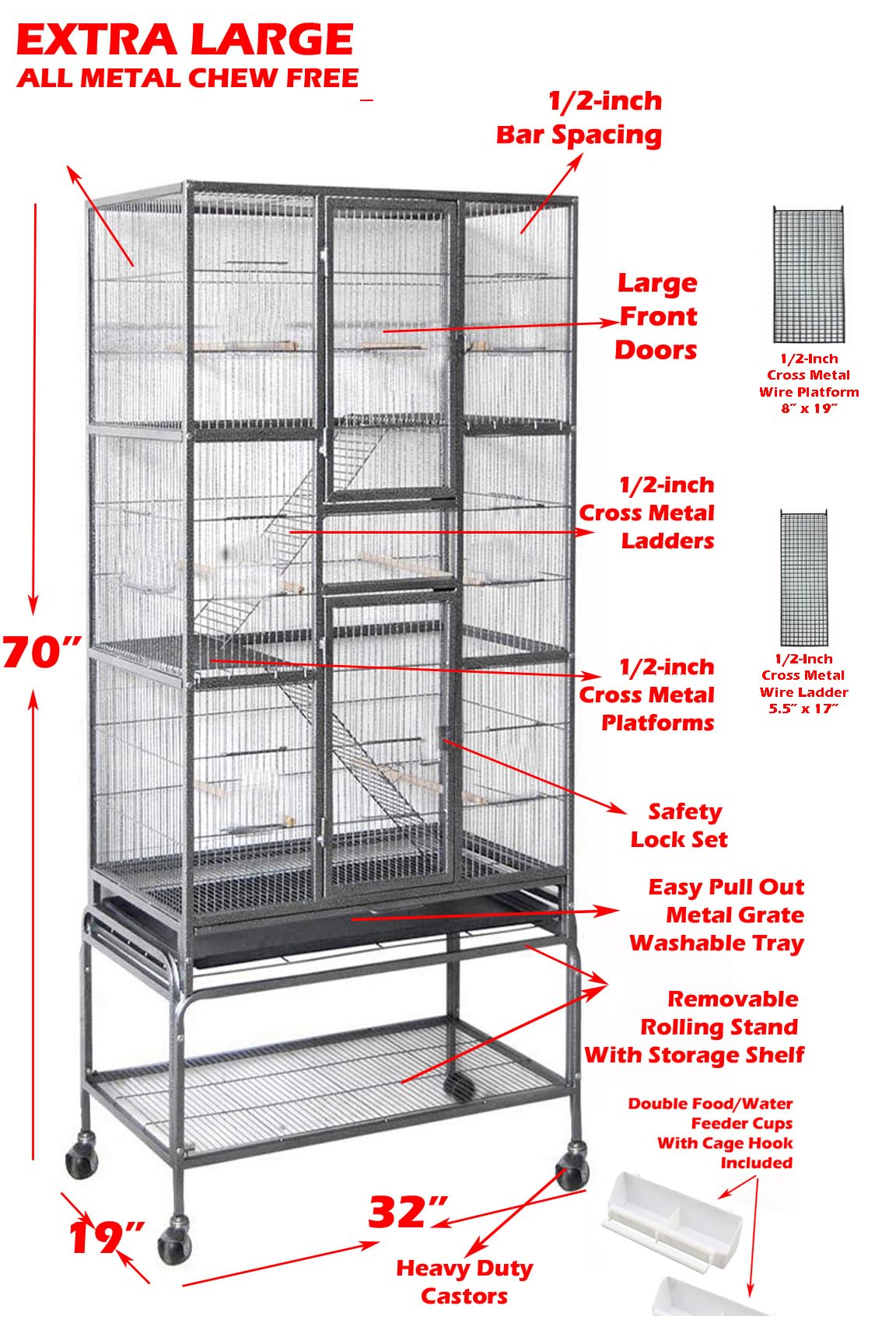 Extra Large 5-Tier Wrought Iron Small Animal Cage - Chew-Proof Metal Enclosure for Ferrets, Squirrels, Chinchillas & Sugar Gliders | Easy-Clean Pull-Out Tray & Removable Rolling Stand | Perfect for Small Pet Homes, Play Areas & Vet Clinics