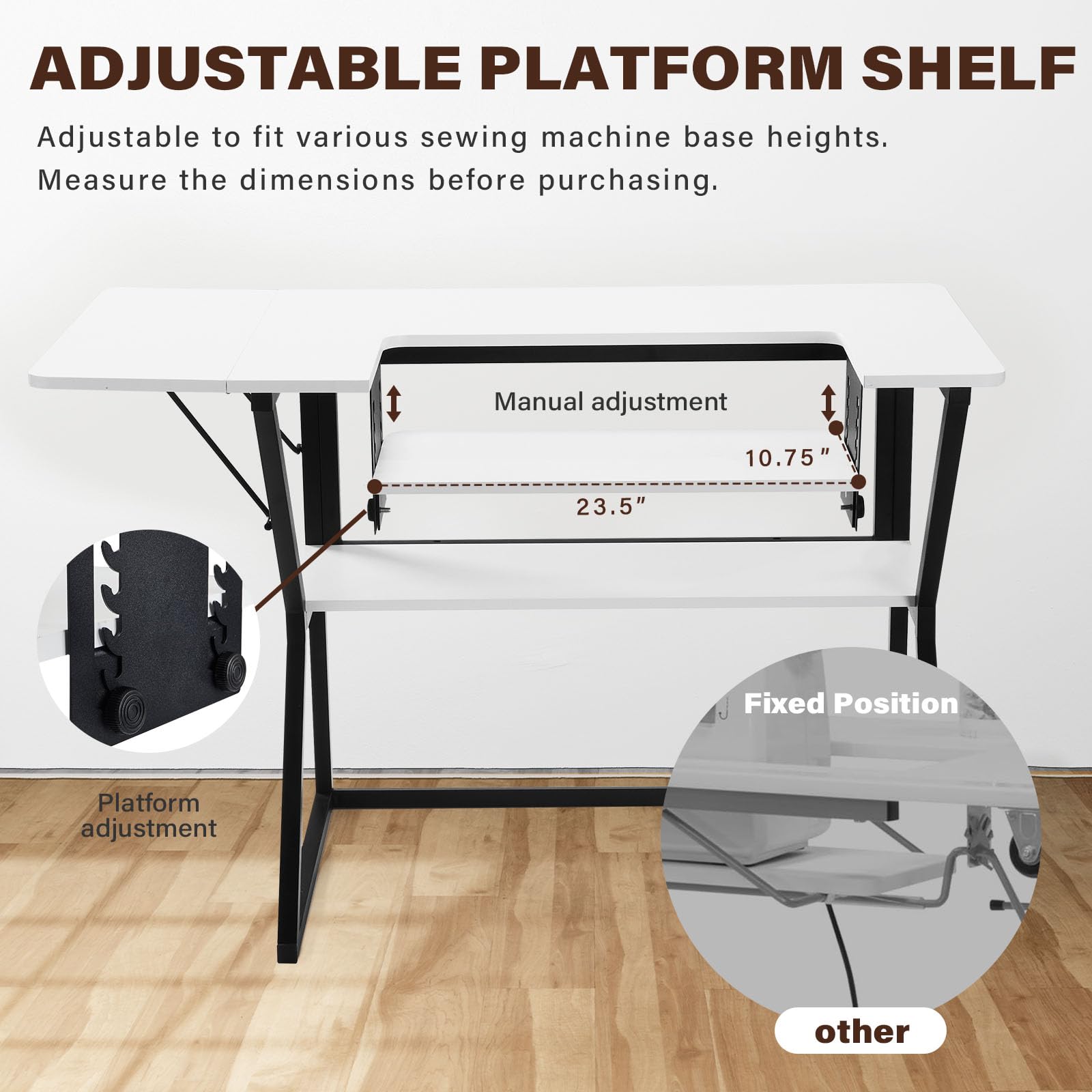 Adjustable Sewing Machine Table with Storage Shelf - Large White Sewing Table for Quilting, Crafting & DIY Projects - Perfect for Home Studios & Hobbyists