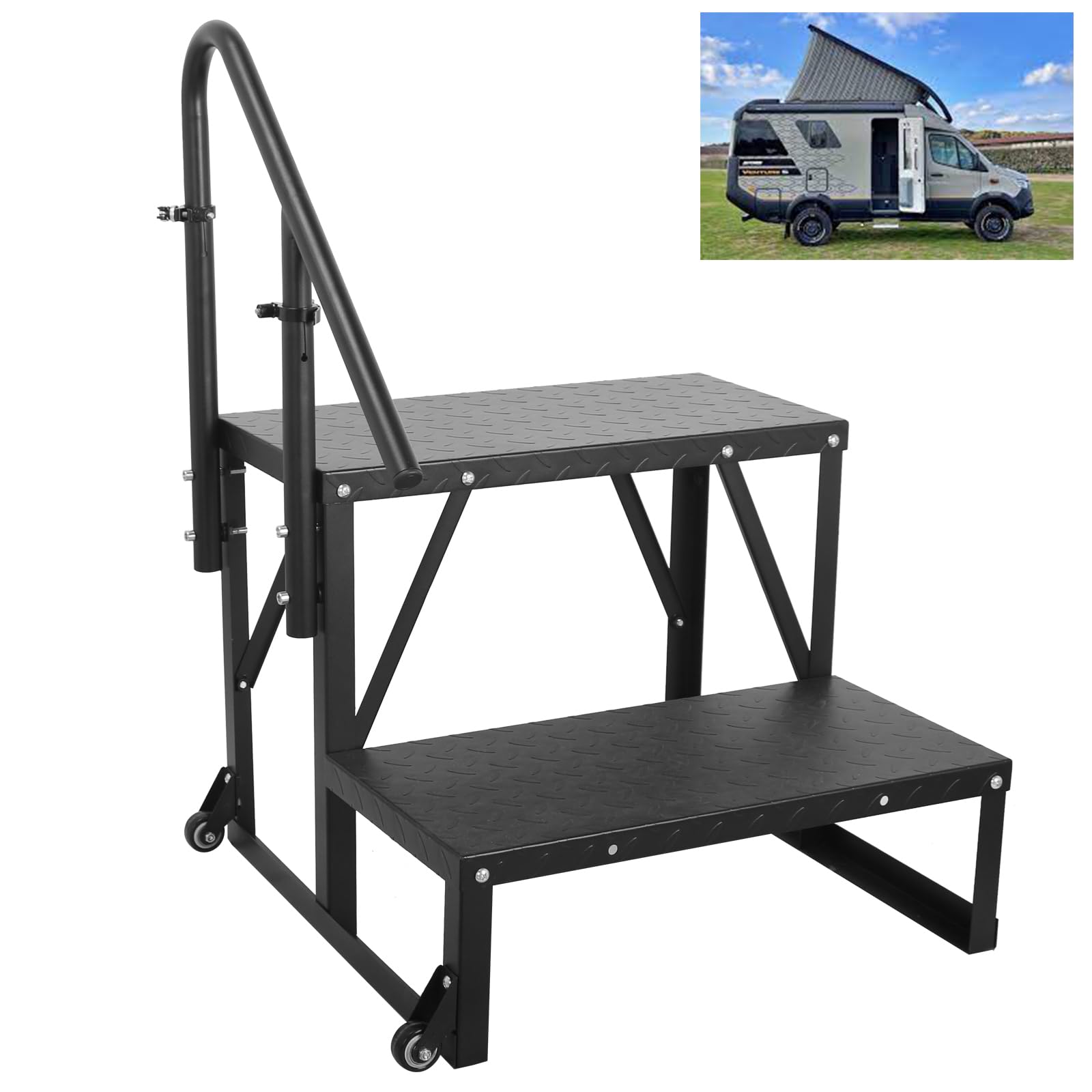 Sidasu 2 Step RV Stairs with Handrail - Adjustable Height, Non-Slip Tread & Moveable Wheels - Portable Stair Steps for RV, Hot Tub, Camper, Trailer - Outdoor Use for Easy Access & Safety