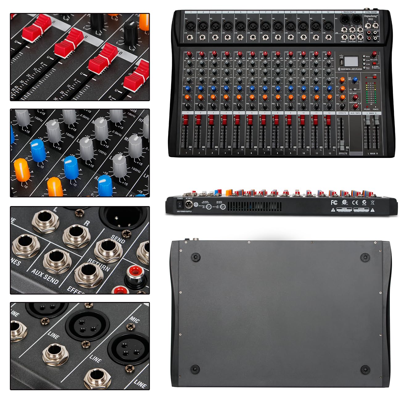 Depensheng DX12 12-Channel DJ Audio Mixer with USB Interface, XLR Mic Input, 48V Phantom Power & RCA I/O - Professional Studio Sound Controller for Computer Recording, Live Performances & Home Music Production