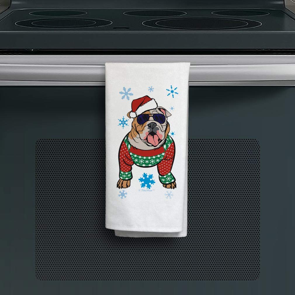 English Bulldog Ugly Christmas Sweater Holiday Decor - 2 Pack Kitchen Tea Towels for Festive Party Supplies, White | Perfect for Christmas Decorations, Gifts & Holiday Kitchen Accessories