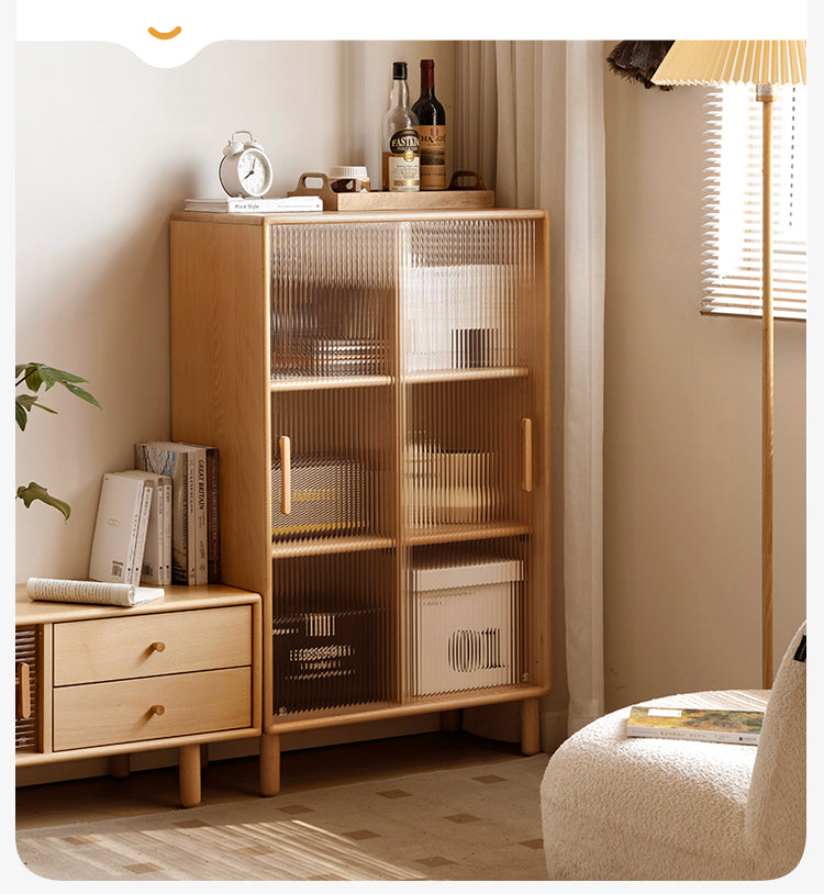 Solid Beech Wood Sliding Door Side Cabinet - Modern Storage Solution for Bedroom, Living Room & Office