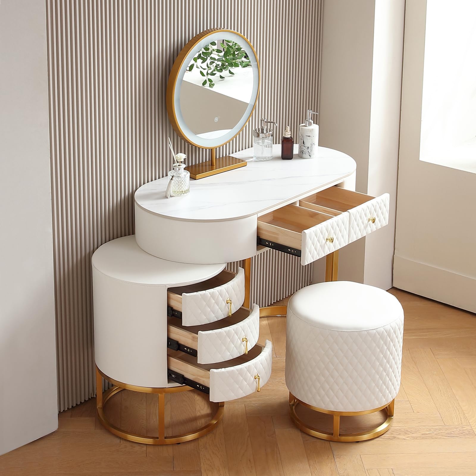 Luxury White Faux Leather Vanity Desk Set with LED Mirror & Stool - Perfect for Dressing & Makeup