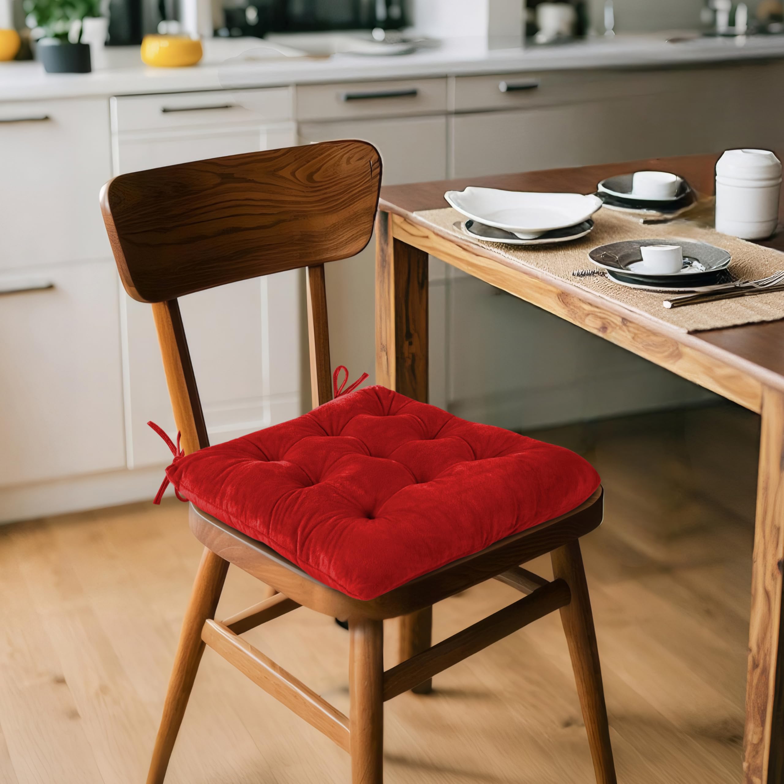ELFJOY 4 Pack Red Velvet Dining Chair Cushions with Ties - Kitchen & Office Use