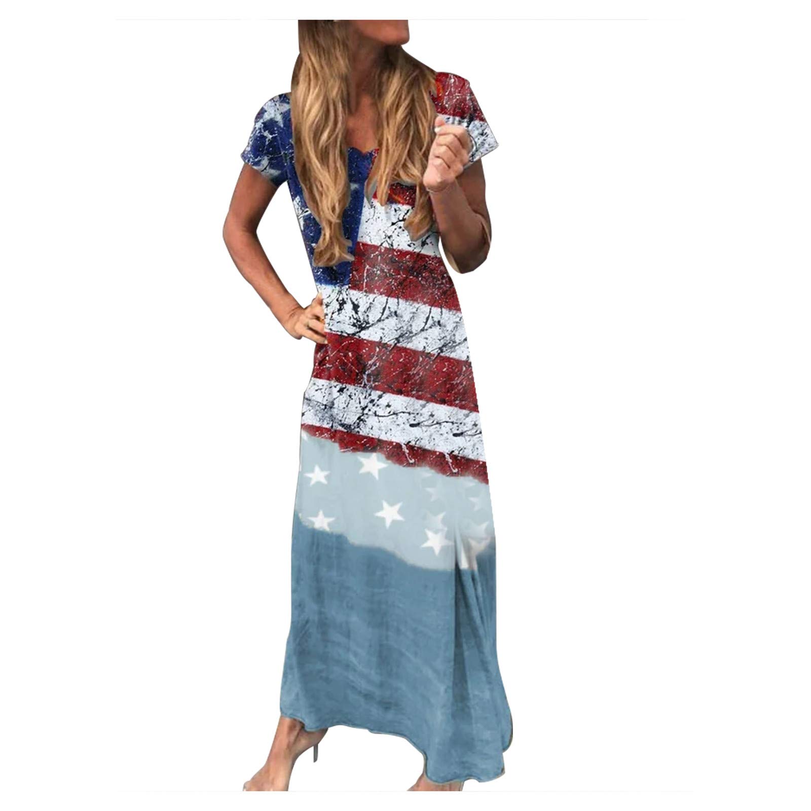 Plus Size Women's Color Block Swing Boho Beach Dress - Summer Casual Short Sleeve V-Neck Maxi Dress for Vacation, Pool Party & Outdoor Date Night