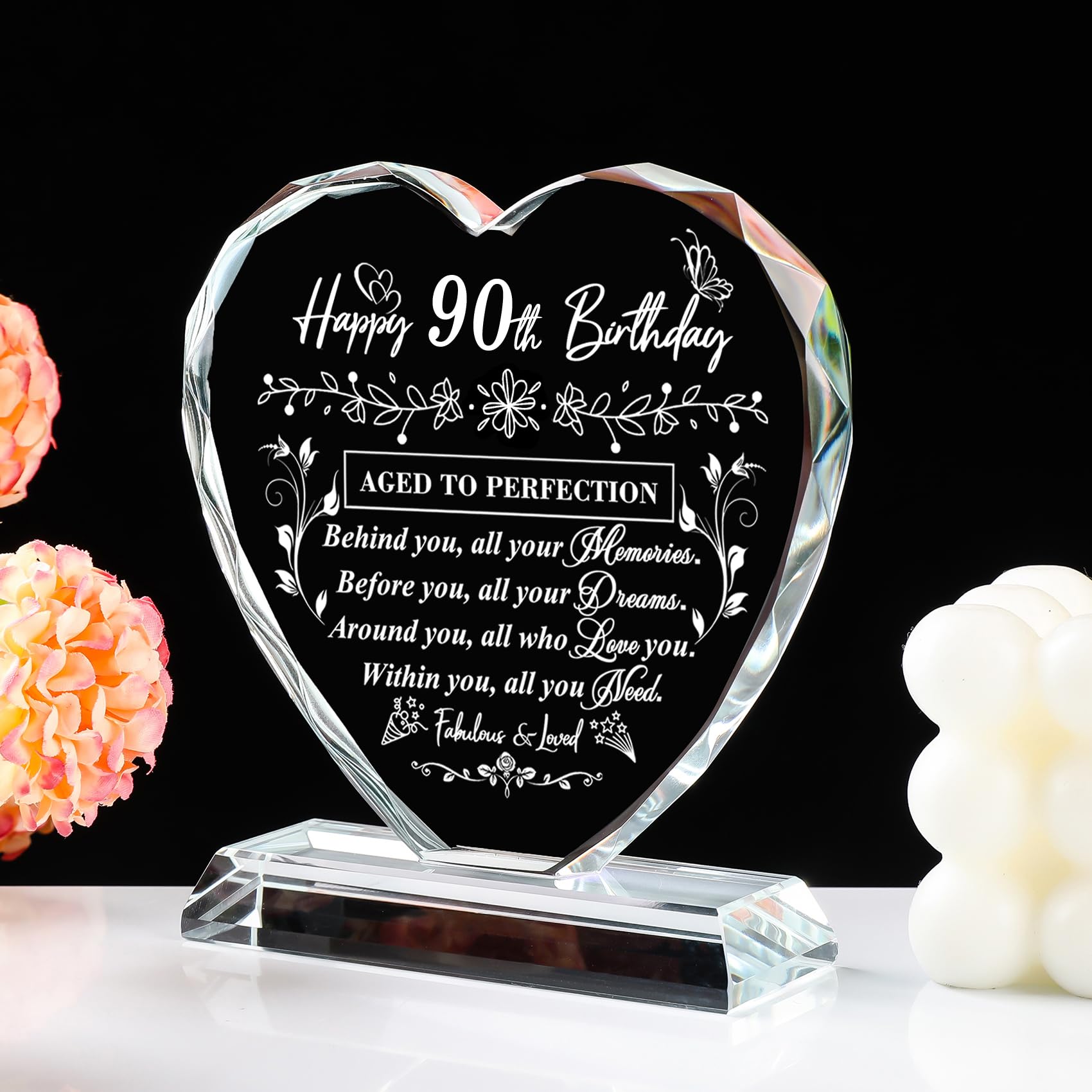 90th Birthday Gifts for Women & Men - Laser Engraved Glass Heart Keepsake - Unique 90th Birthday Decor for Husband, Wife, Mom, Dad & Friends - Perfect for Milestone Celebrations, Anniversaries & Retirement Parties