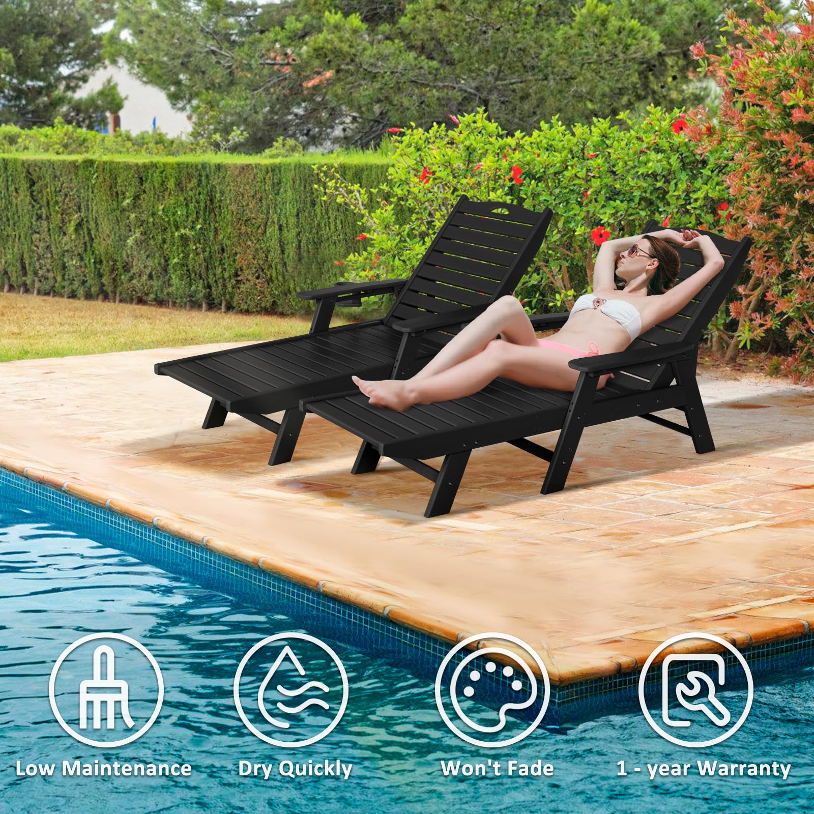 **2-Piece Nalone Outdoor Chaise Lounge Set - 5-Position Adjustable Backrest, Heavy-Duty HDPE Lounge Chairs Supports 400 LBS - Perfect for Patio, Poolside, Deck, Beach & Backyard (Black)**    *Use Cases: Relaxing by the pool, sunbathing at the beach, lounging on the patio, or enjoying backyard gatherings.*
