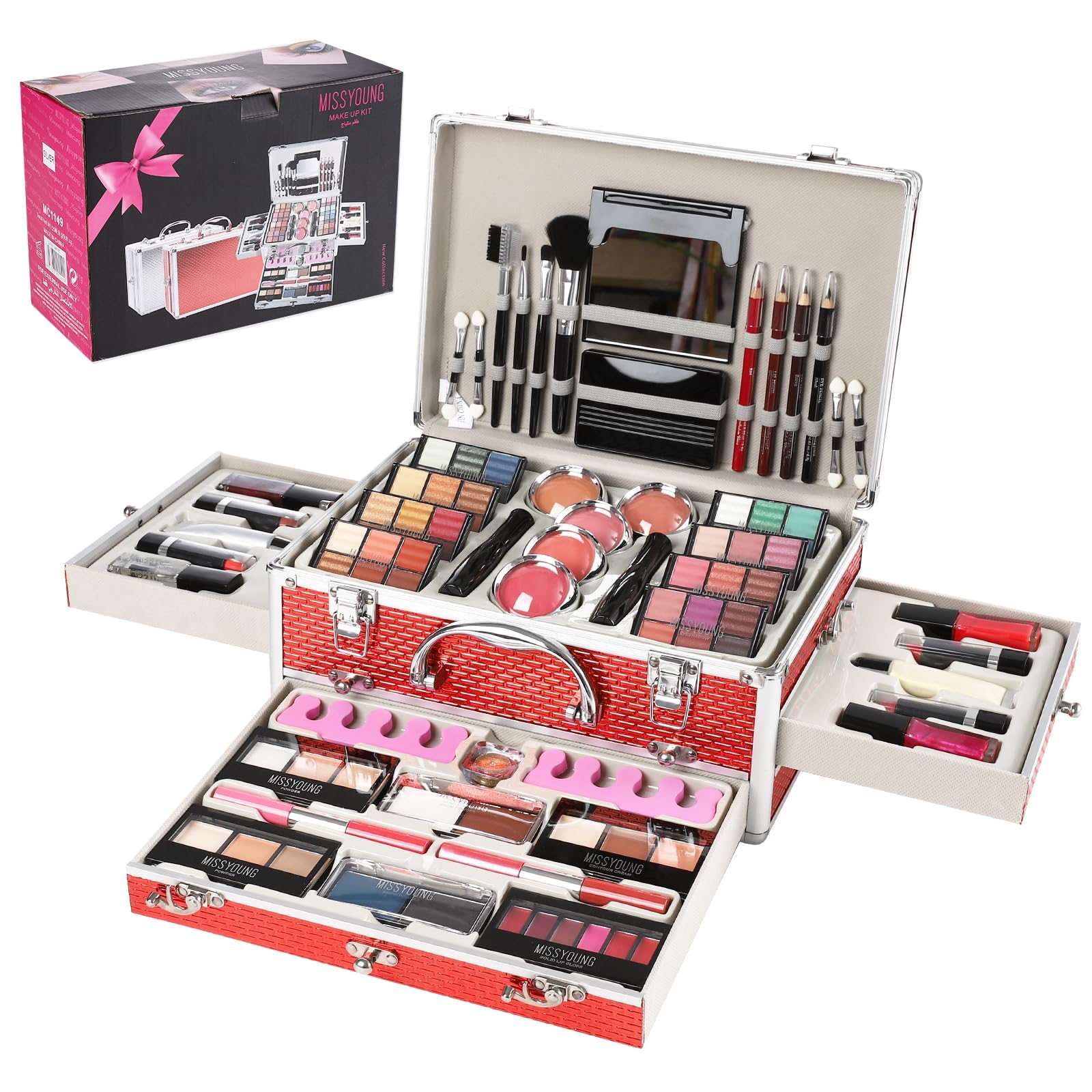 106 Pcs Professional All-in-One Makeup Kit for Women & Teens - Complete Cosmetic Set with Eyeshadow Palette, Lipstick, Concealer, Foundation, Lip Gloss & Brushes (Red) - Perfect for Daily Use, Parties & Special Occasions