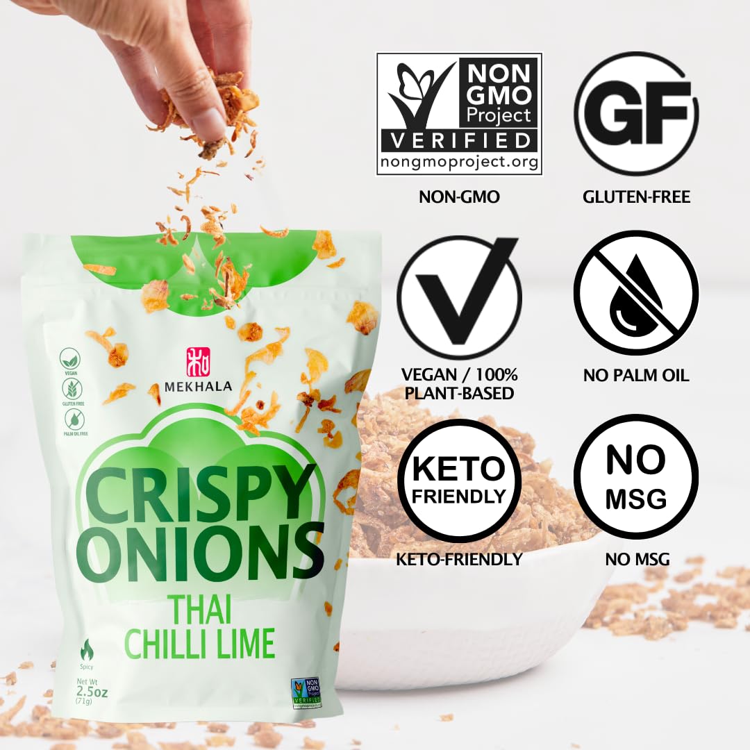 Mekhala Thai Chili Lime Crispy Fried Onions - Gluten-Free Salad Topping, Keto & Ramen Seasoning, Rice Garnish | Crunchy All-Purpose Topping for Salads, Soups, Noodles & More | 2.5oz