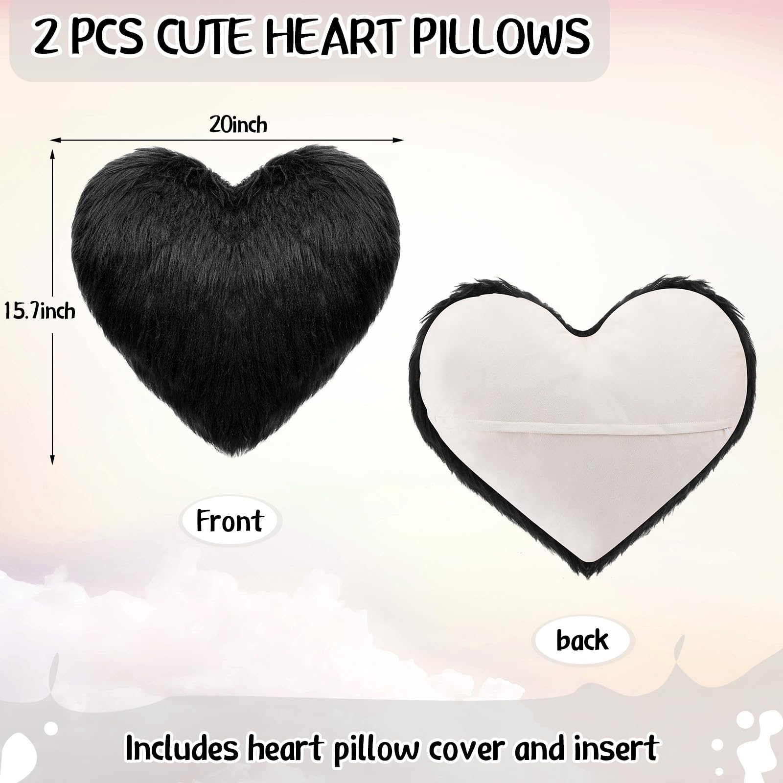 Enhon 2 Pack Fluffy Heart Shaped Pillows - 20x15.7 Inch Soft Faux Fur Throw Pillows with Insert for Valentine's Day, Wedding Decor, Bedroom, Living Room, Sofa & Office - Decorative Love Cushions (Black)