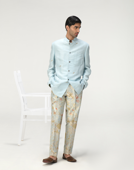 Elegant Classic Silk Brocade Trousers in Ice Blue - Perfect for Formal Events, Weddings & Special Occasions