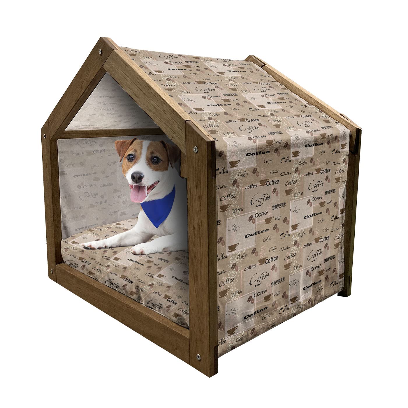 Ambesonne Wooden Pet House for Small Dogs - Vintage Coffee Theme with Pillow & Cover, Portable Indoor & Outdoor Dog Kennel - Perfect for Home, Patio or Travel Use