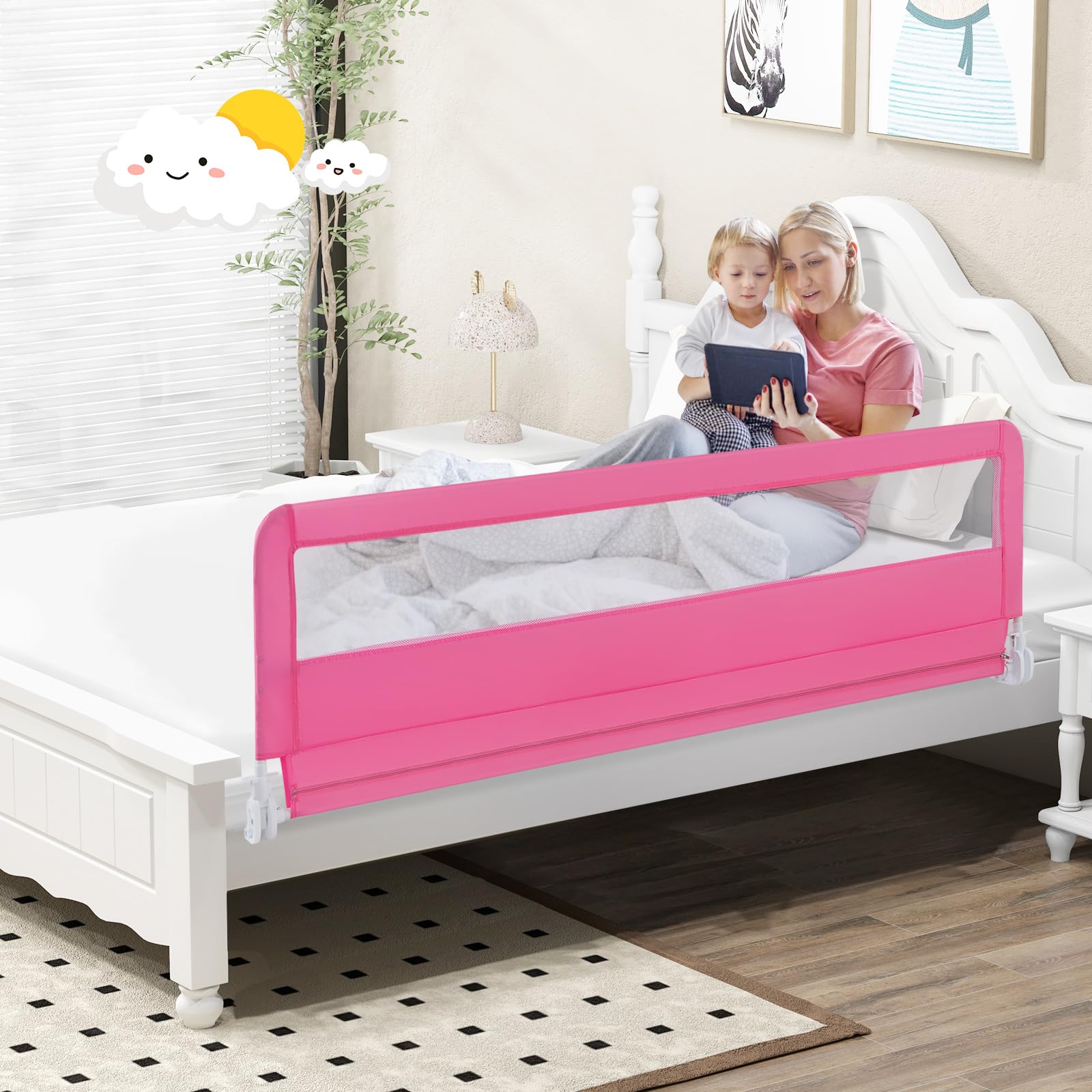 Costzon 2-Pack Extra Long Swing Down Bed Rails for Toddlers & Kids - 71-Inch Safety Bed Guards with Straps - Fits Convertible Crib, Twin, Double, Full, Queen & King Size Beds - Foldable Design (Pink) - Perfect for Childproofing, Preventing Falls & Transitioning from Crib to Big Kid Bed