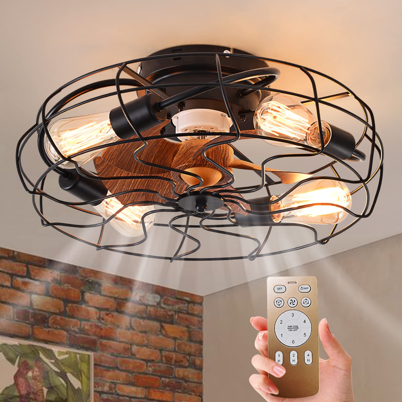HuixuTe 20-inch Bladeless Ceiling Fan with Light and Remote Control - 6 Speed Adjustable, Low Profile Flush Mount Farmhouse Style - Perfect for Bedroom, Kitchen, Living Room and Office Spaces