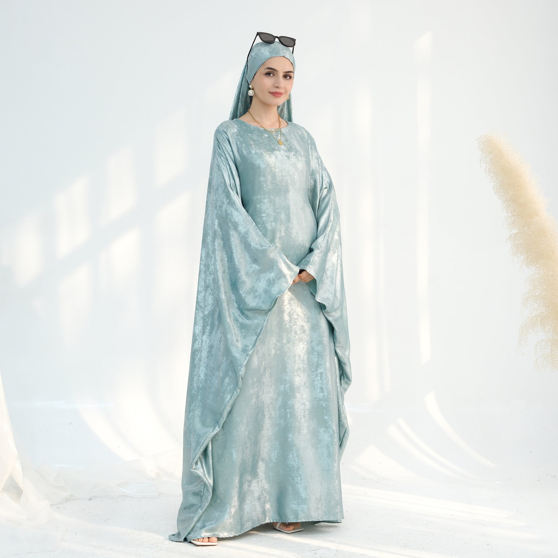 Linora Shimmer Butterfly Abaya - Elegant Mint Green Islamic Dress for Women | Perfect for Eid, Prayer & Special Occasions