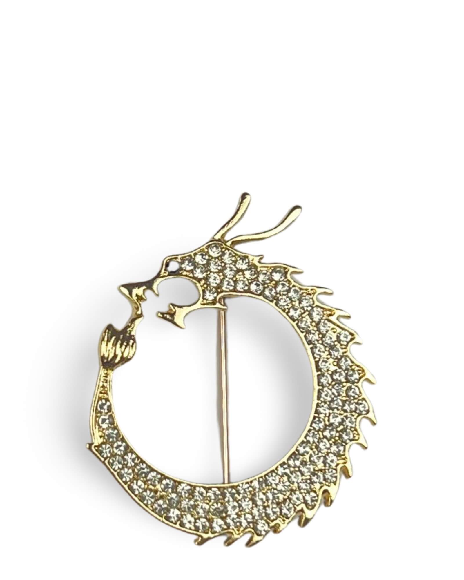 DÉCLIC Dragon Circle Rhinestone Pin - White Jewelry Accessory for Jackets, Bags & Fashion Outfits