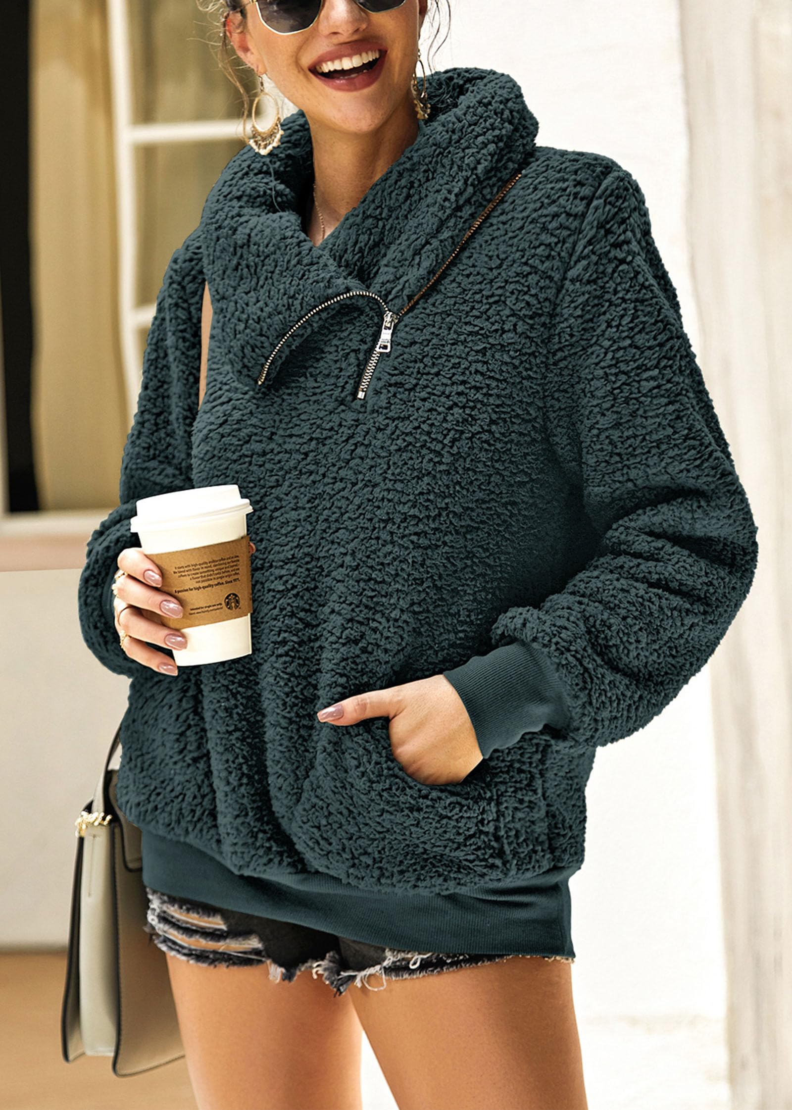 KIRUNDO Women's 2025 Winter Fleece Jacket with Faux Shearling Lapel - Warm Sherpa Pullover Hoodie with Zipper & Pockets for Outdoor Activities, Casual Wear & Cold Weather Fashion