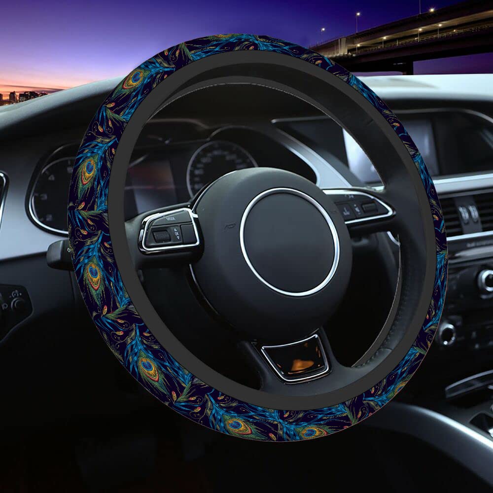 Swono Peacock Feather Steering Wheel Cover - 15 Inch Anti-Slip Neoprene Car Steering Wheel Wrap with Beautiful Blue & Green Feather Design - Universal Fit for Men & Women - Perfect for Summer Driving, Road Trips & Stylish Car Interior Upgrade