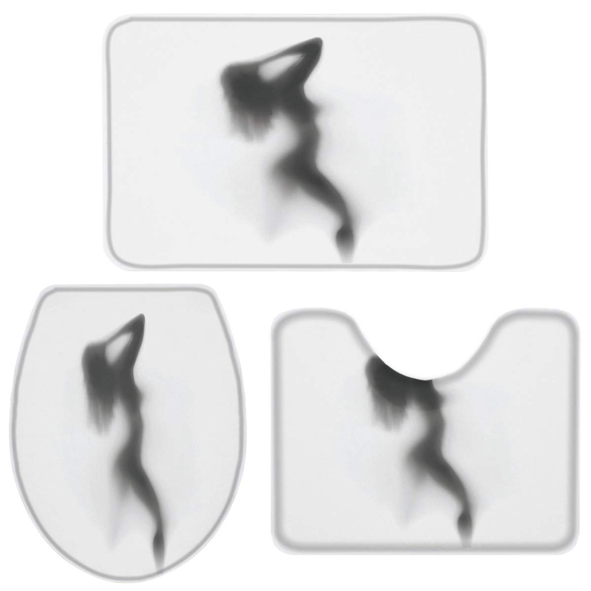 EZON-CH Non-Slip Bath Rug Set of 3 Pieces - Super Absorbent Bathroom Mats with Toilet Contour, Black & White Modern Design (18