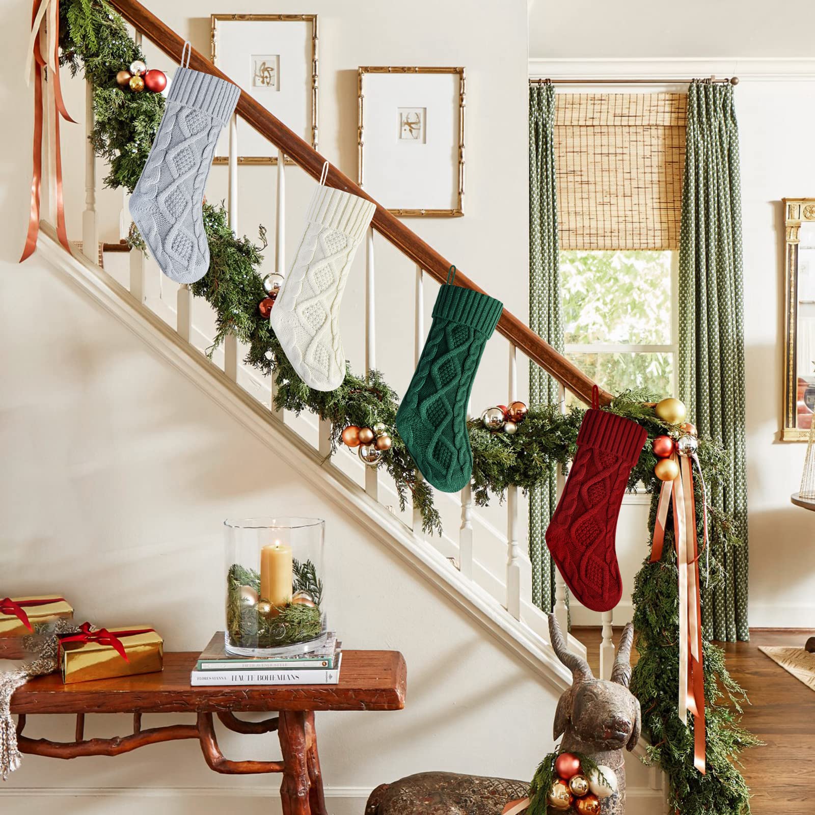 4-Pack 18 Inch Knit Christmas Stockings - Burgundy, Green, Ivory & Gray Holiday Decorations for Fireplace Mantel, Gift Exchange & Festive Home Decor