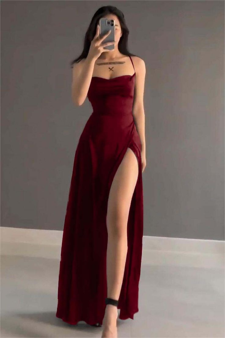 Elegant Burgundy A-Line Slit Prom Dress - Satin Formal Evening Gown for Women - Perfect for Homecoming, Ball, Wedding & Special Occasions - Style J5450