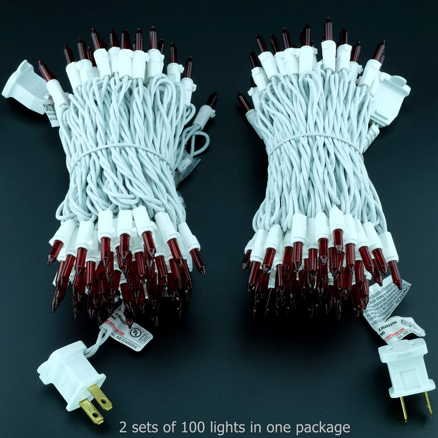 YULETIME 200 Red Christmas Lights - 2 Pack of 33ft 100-Count UL Certified Incandescent String Lights (Red Bulbs, White Wire) for Indoor/Outdoor Holiday Decorations, Christmas Trees, and Party Lighting