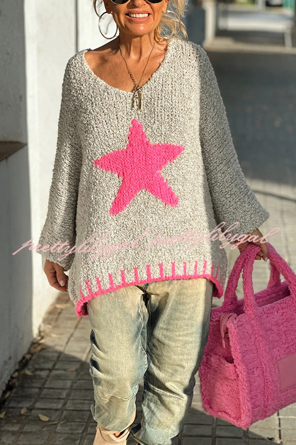 Cozy Winter Knit Sweater with Star Pattern & Contrast Colors - Loose Fit for Casual Outings, Holiday Gatherings & Cold Weather Fashion
