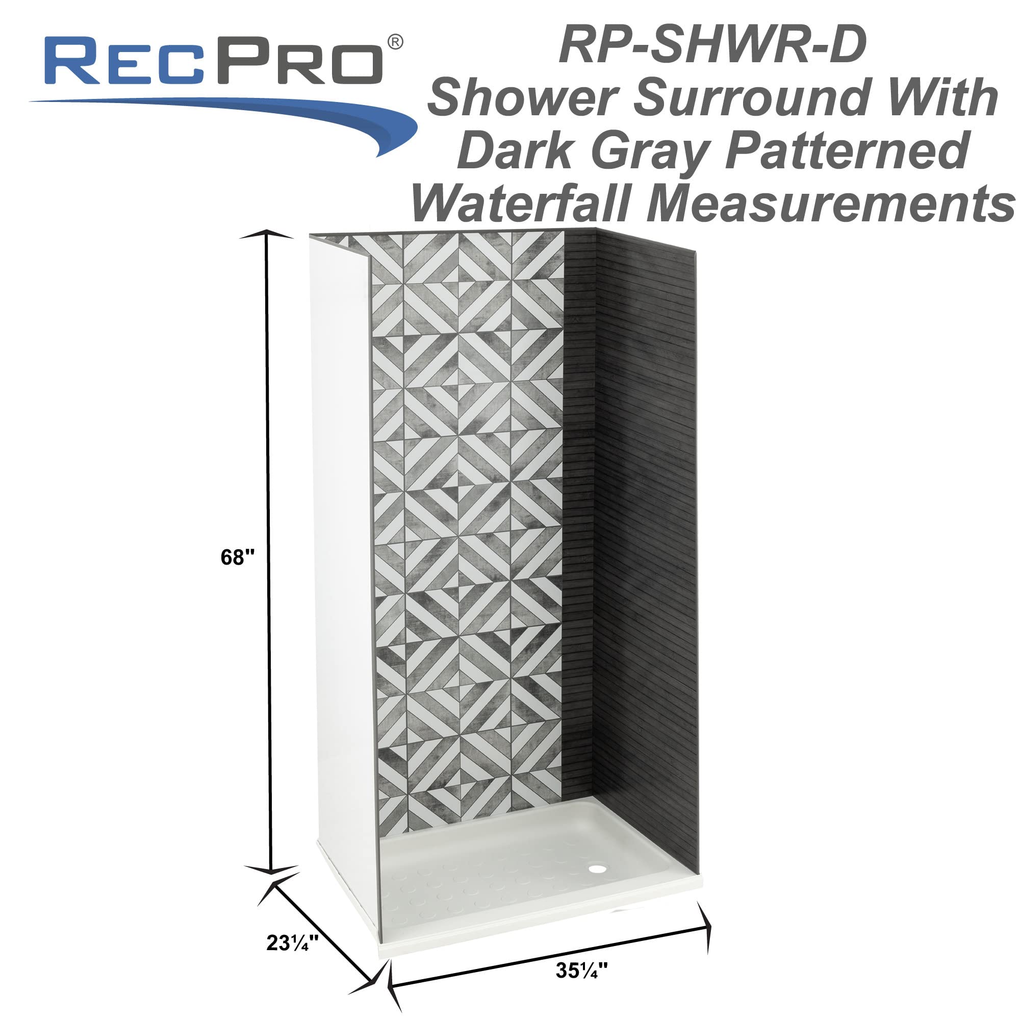 RecPro RV Shower Surround - One Piece ABS Design, No Grout Needed, Easy to Clean (Dark Gray Waterfall Pattern, 36