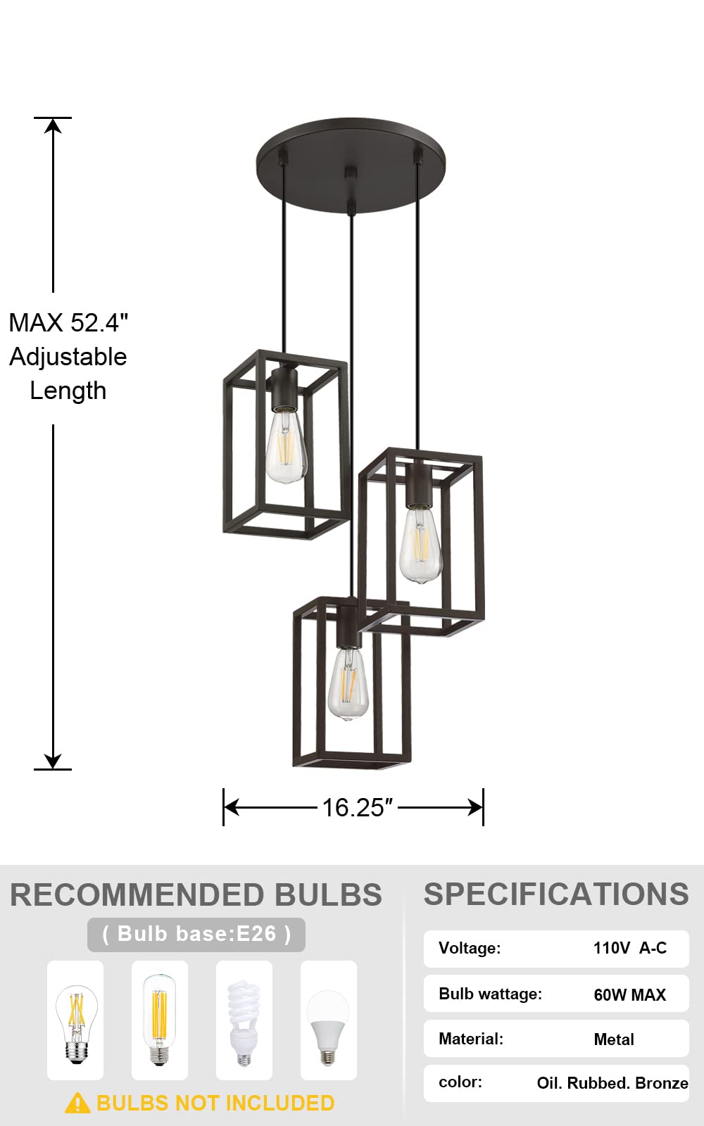3-Light Adjustable Rustic Farmhouse Pendant Lighting Fixture with Metal Cage - Oil Rubbed Bronze Finish for Kitchen Island, Cafe & Bar | Perfect for Dining Areas, Breakfast Nooks & Commercial Spaces