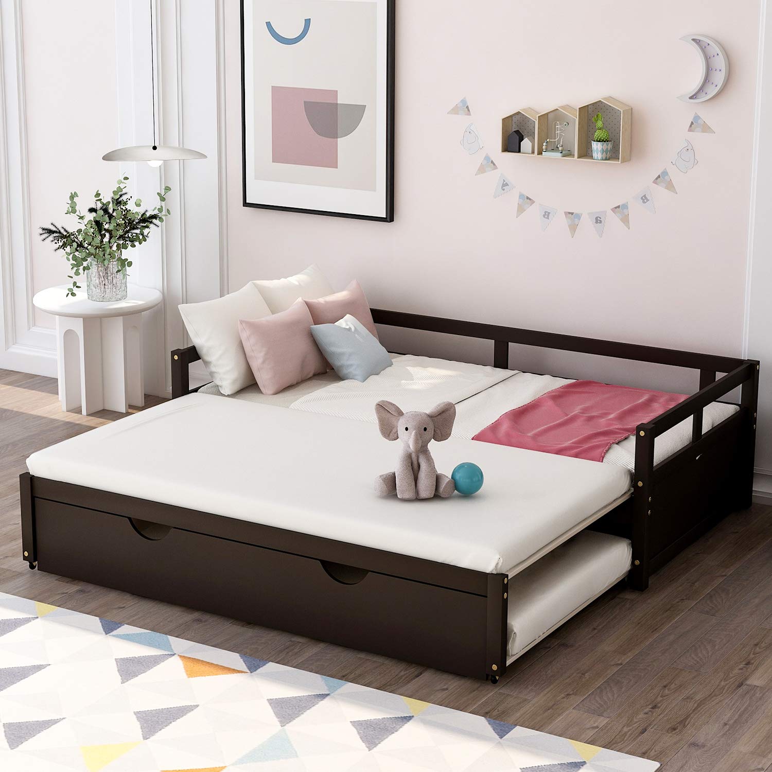 Extendable Wooden Daybed with Trundle - Convertible Sofa Bed for Bedroom & Living Room - No Box Spring Needed - Espresso Finish - Perfect for Guest Rooms, Kids' Rooms & Small Spaces (#3 Espresso)