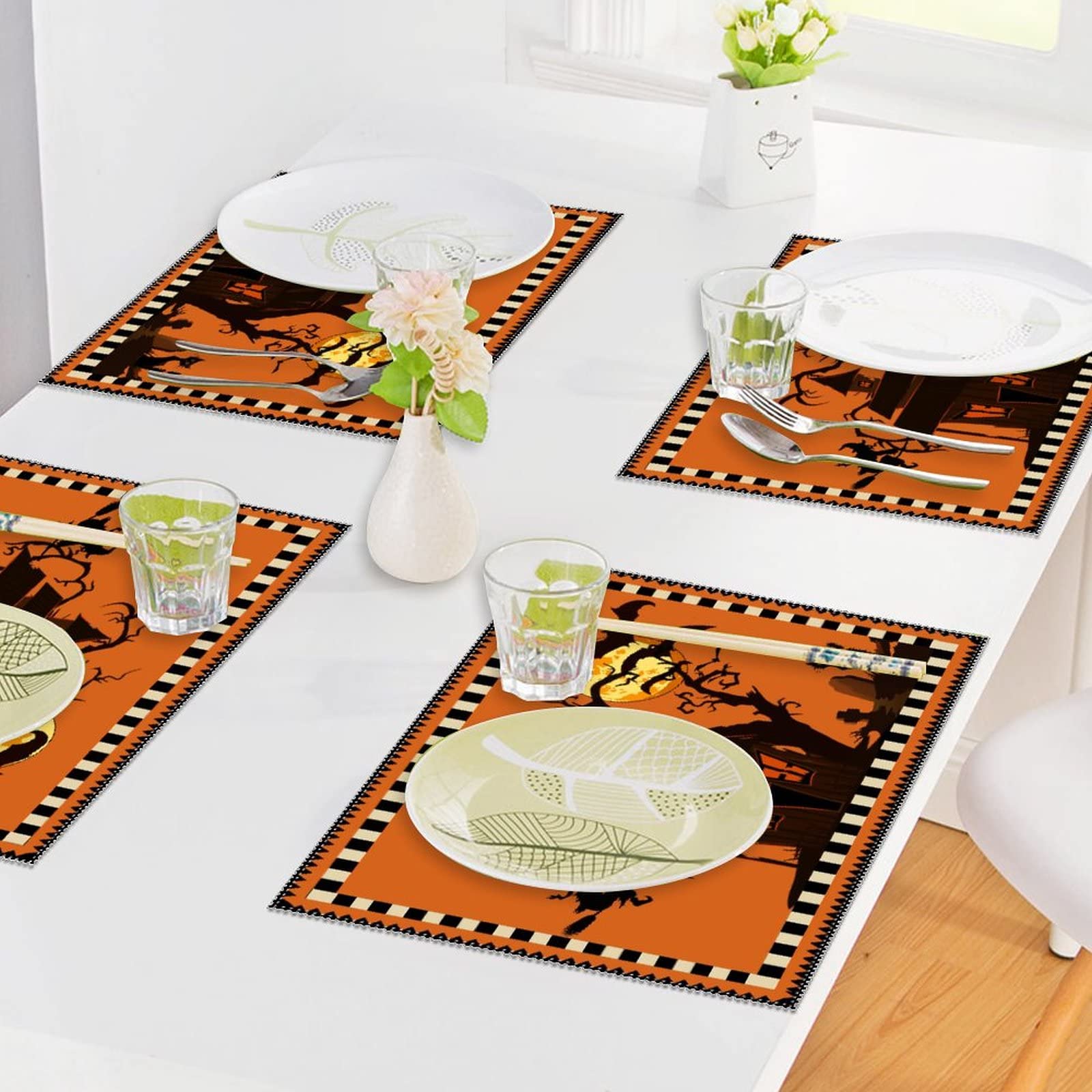 Happy Halloween Placemats Set of 4 - Wicked Pumpkin & Spider Design, Heat Resistant, Washable, Non-Slip Table Mats for Kitchen Dining - Perfect for Holiday Banquets, Fall Decor & Spooky Dinner Parties