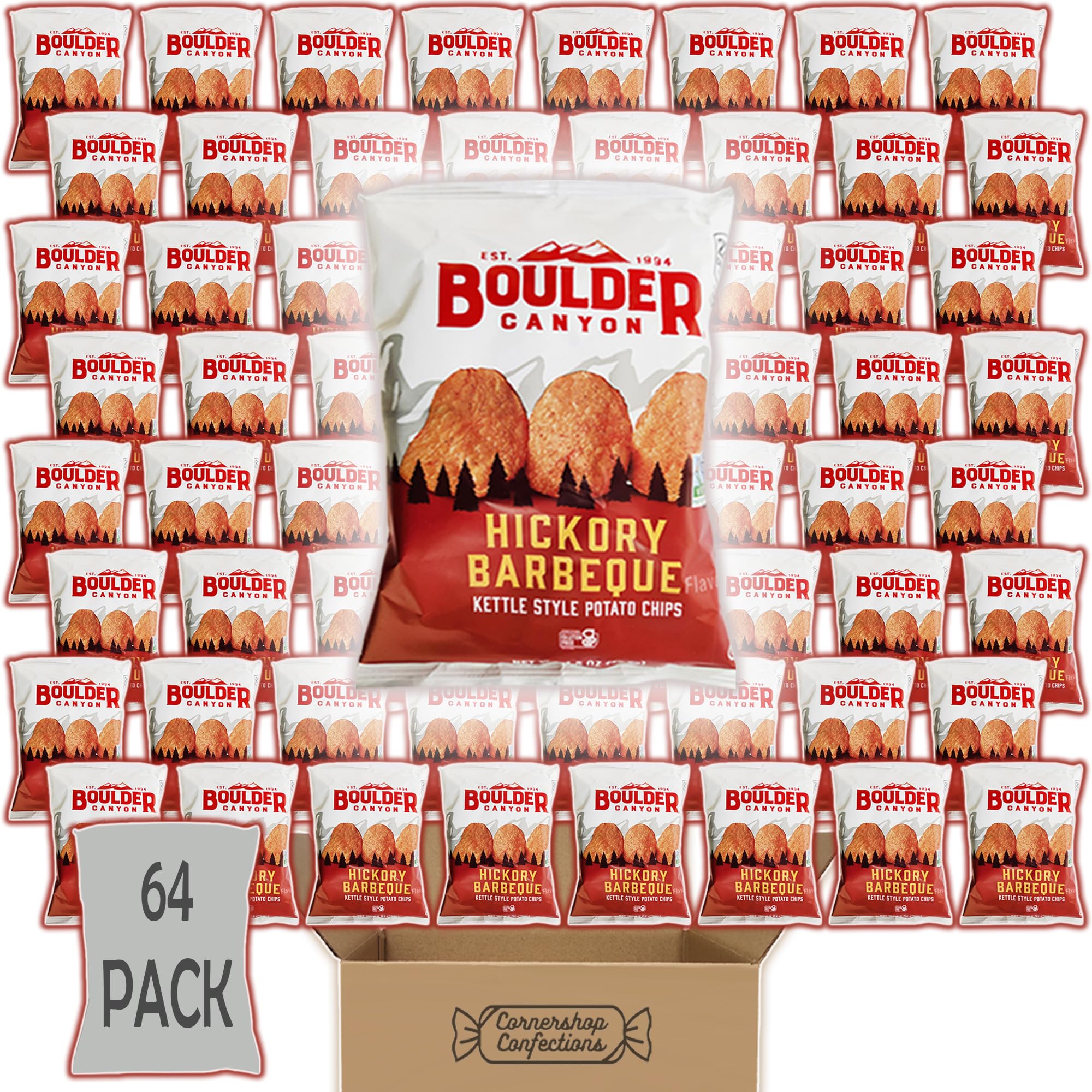 Boulder Canyon Kettle Chips Hickory BBQ Flavor - 64 Count Bulk Pack (1.5oz Single Serve Bags) | Crunchy Kettle Style Potato Snacks for Parties, Picnics & Office Snacking | Cornershop Confections Packaging
