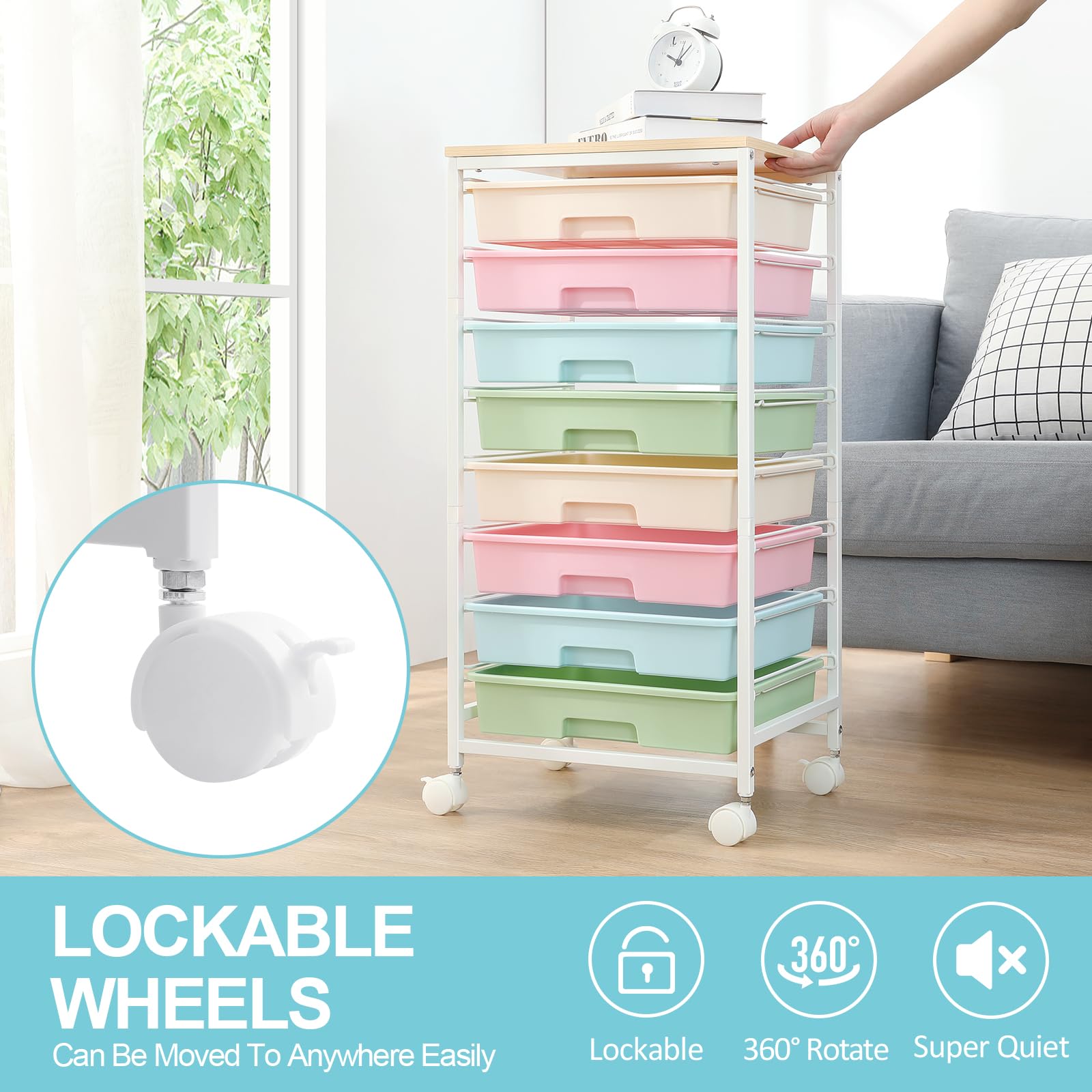 8-Drawer Rolling Storage Cart with Wooden Tabletop - Mobile Utility Cart for Living Room, Bedroom, Office, Classroom & Dorm Organization - Perfect for Home, School & Office Storage Needs