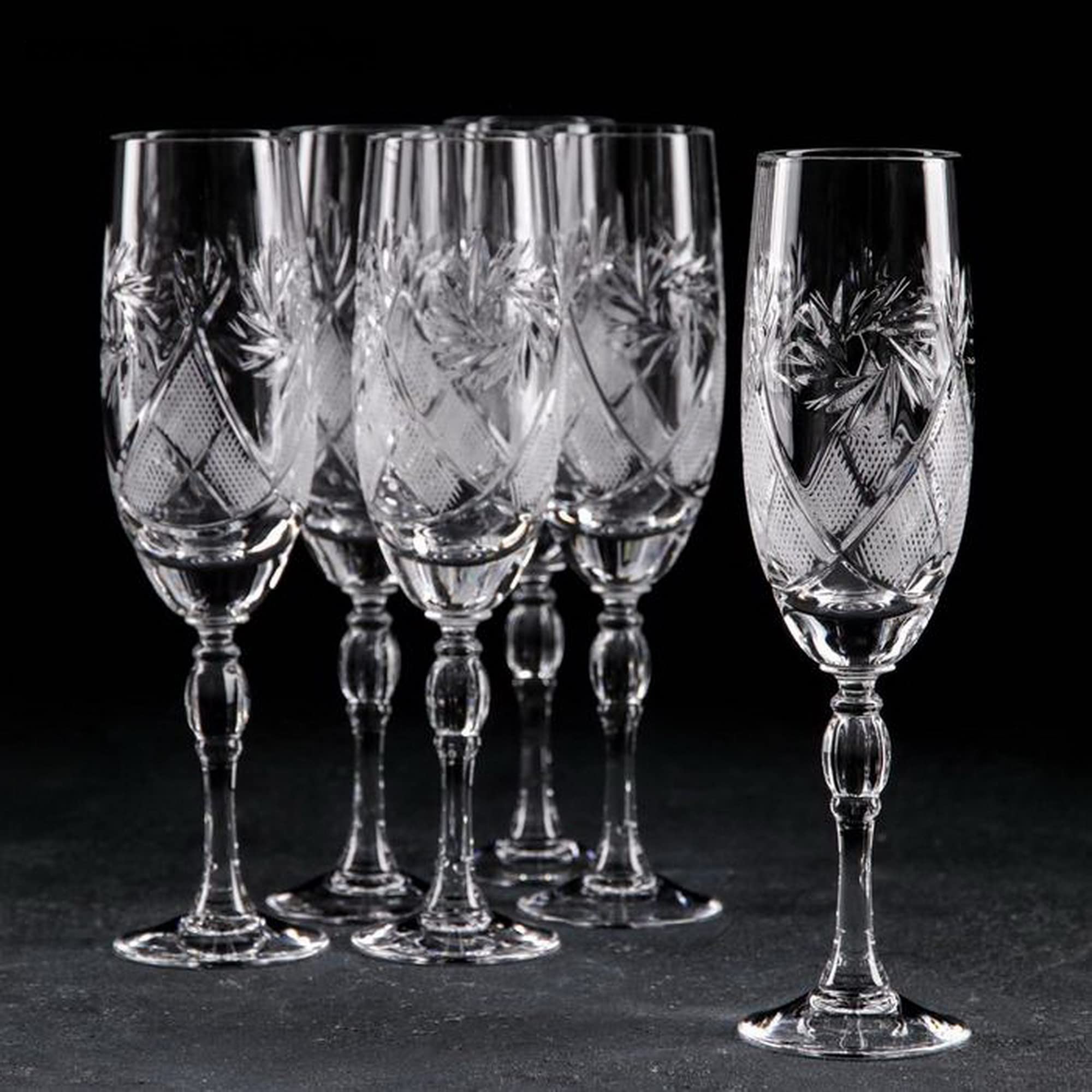 Premium Russian Cut Crystal Flute Glasses - Elegant 6 oz Champagne Flutes, Set of 6 for Wedding Toasts, Party Celebrations & Special Occasions