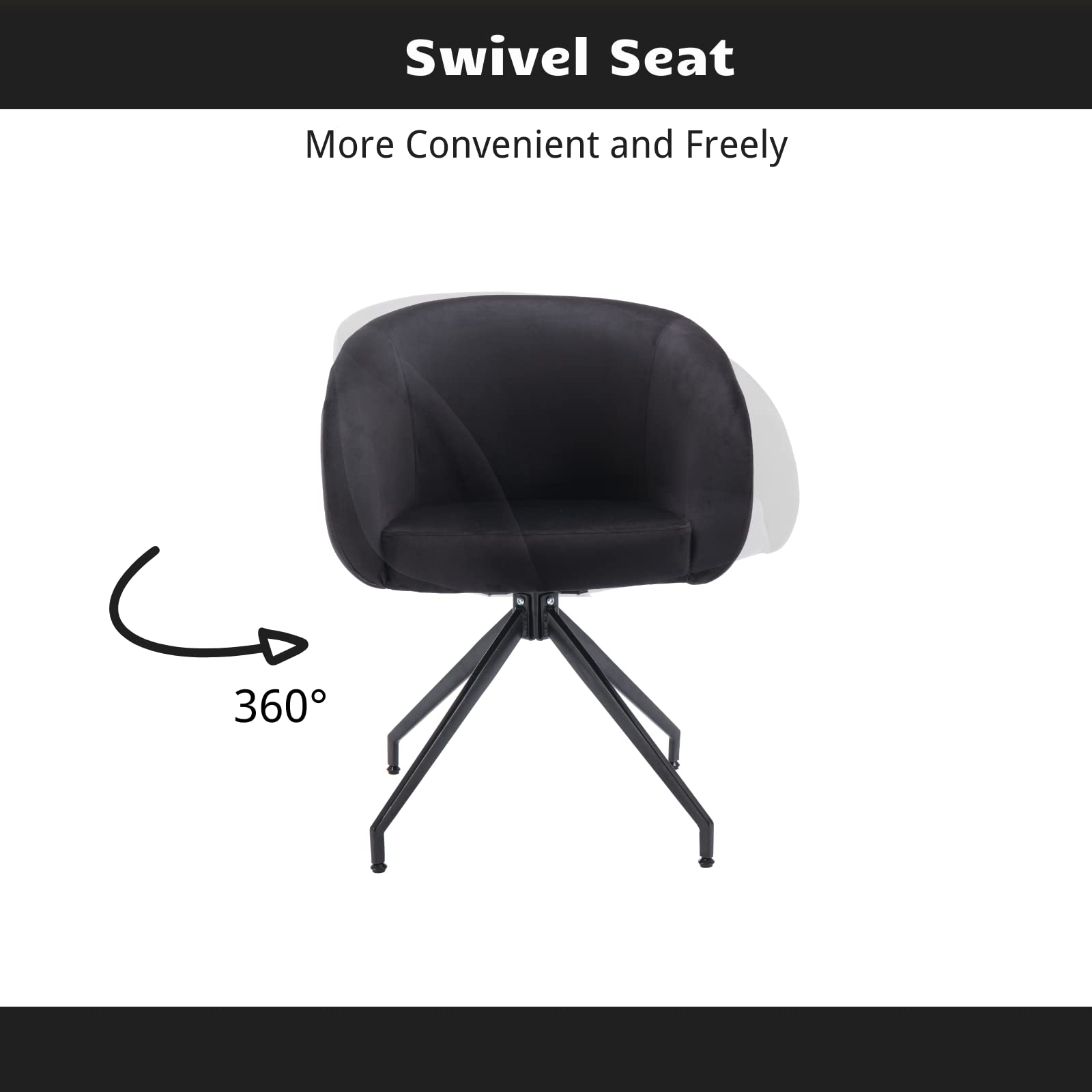 HEAH-YO Swivel Dining Chair - Velvet Barrel Back Side Chair with Solid Metal Legs, Modern Vanity Armchair for Dining Room, Bedroom, Office - Black | Perfect for Small Spaces, Breakfast Nooks & Makeup Areas