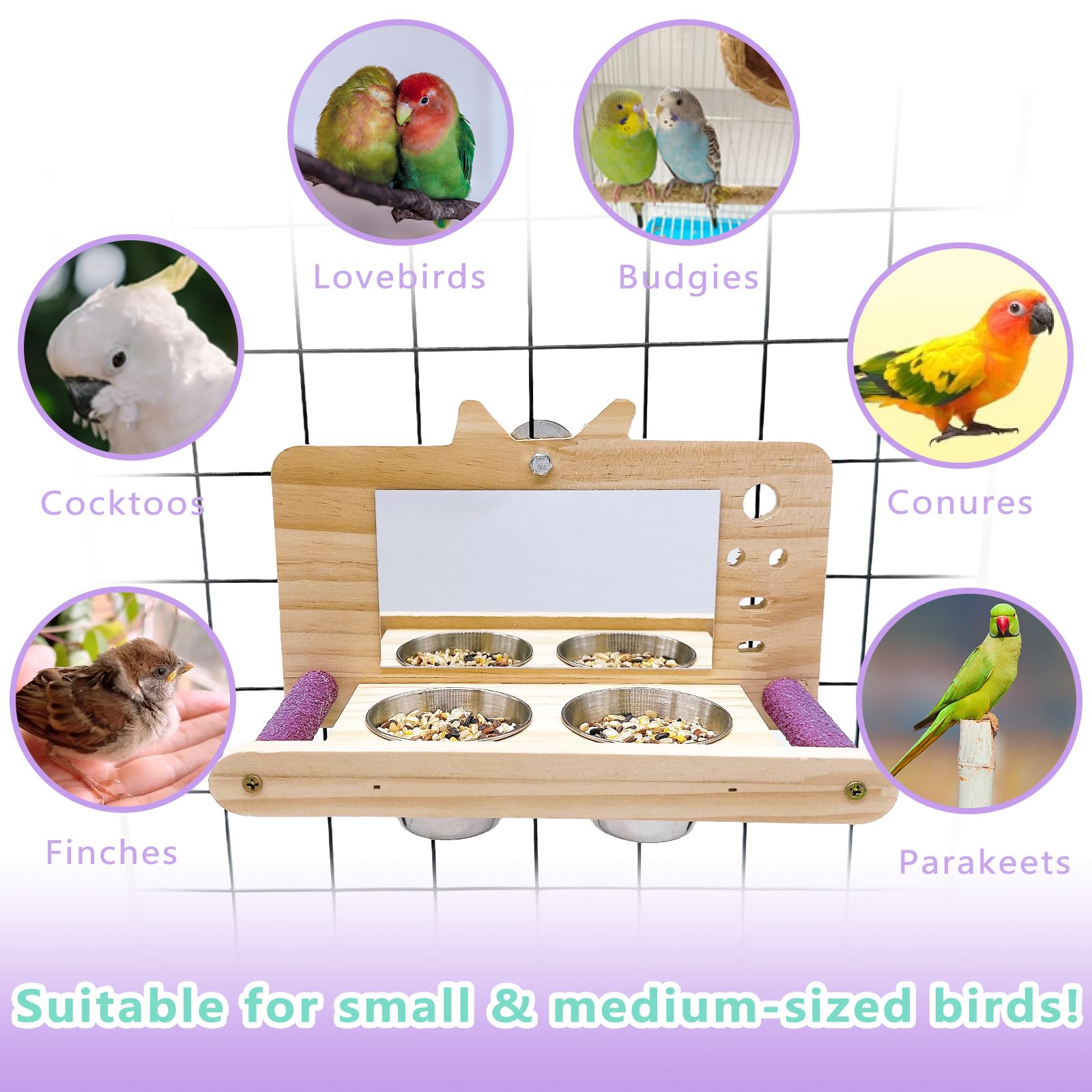 Wooden Parrot Perch with Mirror & Feeding Cups - Bird Cage Swing Toy for Lovebirds, Parakeets, Conures, Cockatiels - Fun Play & Exercise for Pet Birds