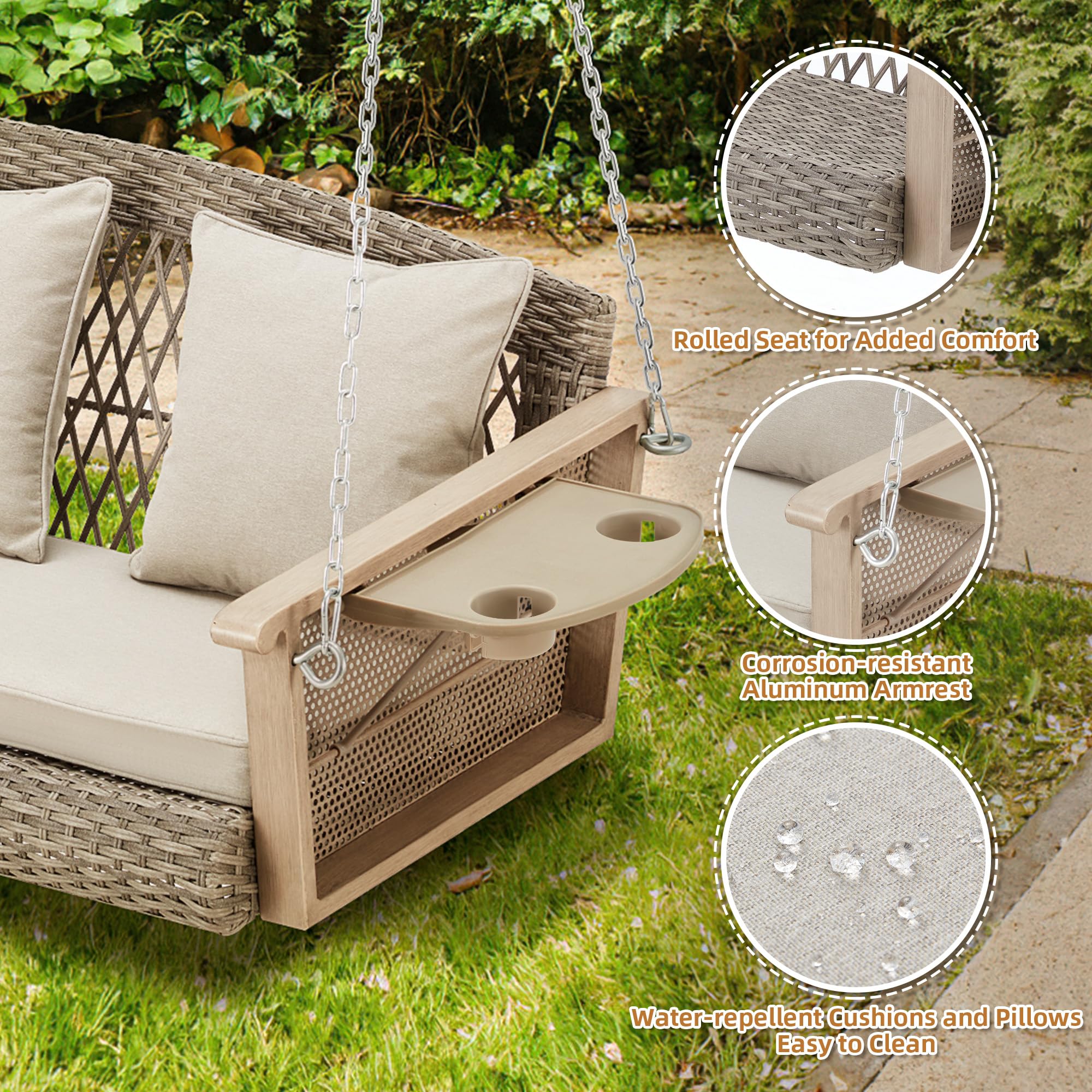 HOMREST 55 Inch 3-Person Wicker Porch Swing with Upgraded Cup Holders & Cushions - 900lbs Capacity Patio Hanging Bench Chair with Chains for Deck, Garden, Backyard - Perfect for Outdoor Relaxation & Entertaining (Beige)