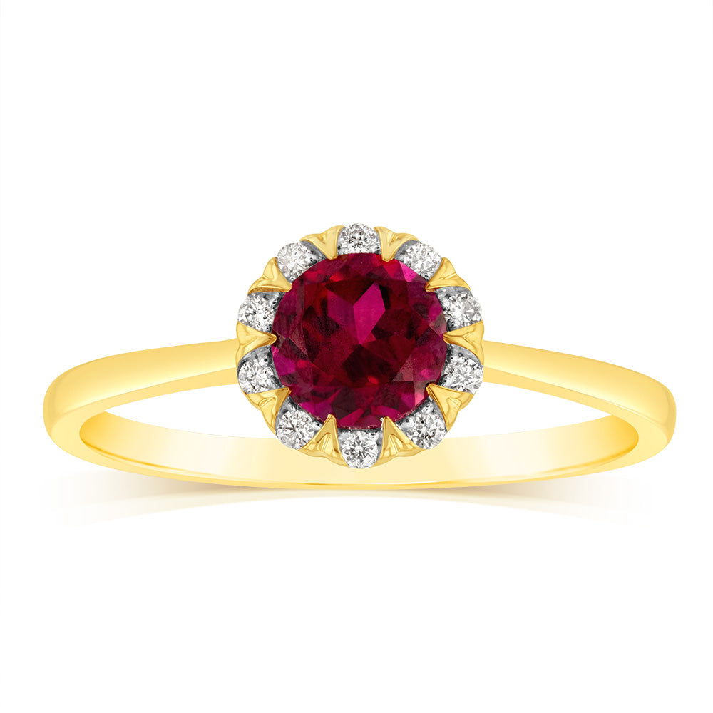 1 Carat Lab-Created Ruby and Diamond Ring in 9K Yellow Gold - Elegant Engagement, Anniversary or Gift Jewelry for Women