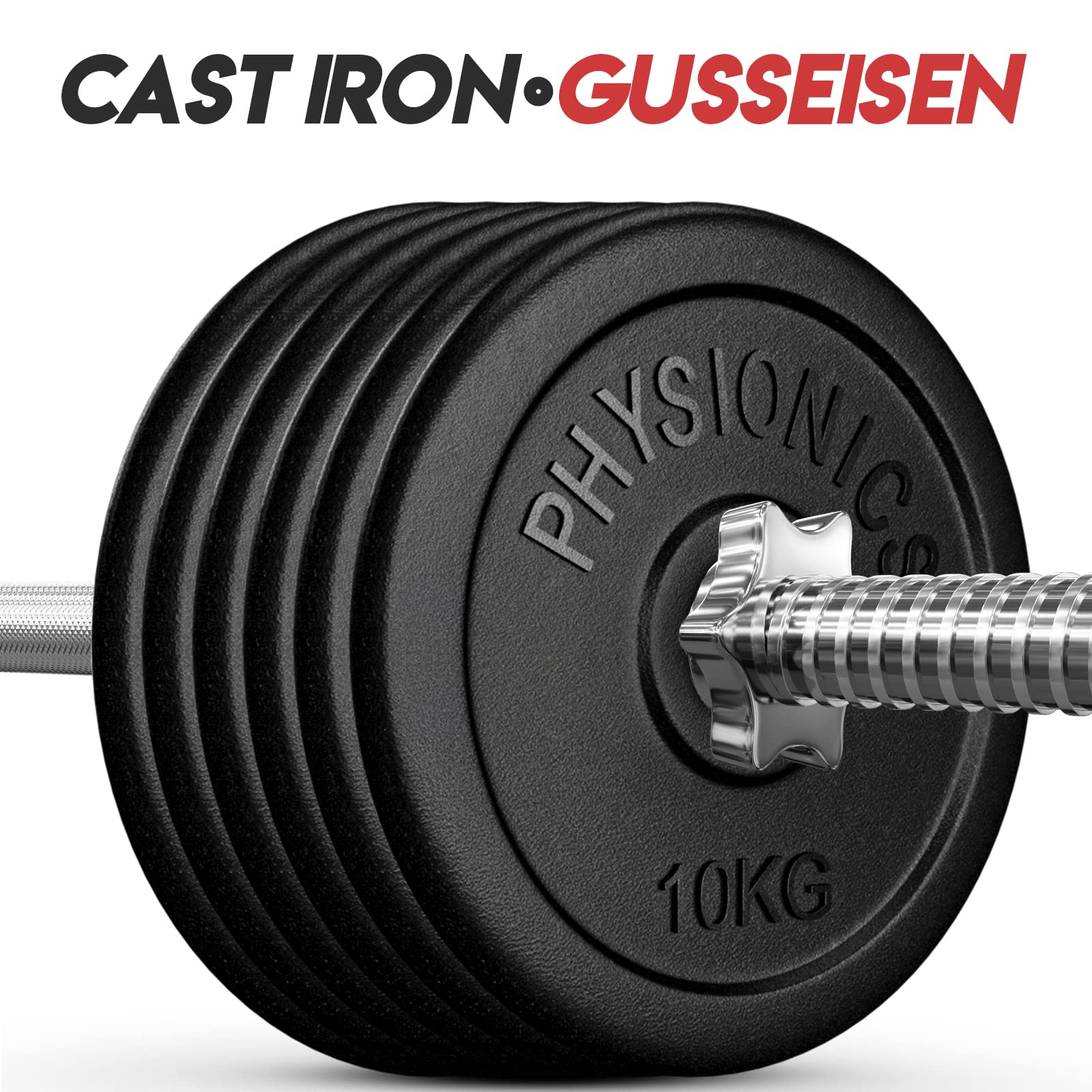 Physionics® Cast Iron Weight Plates Set - 2x5/4x5/6x5/2x10/4x10/6x10/2x15/4x15/6x15/2x20/4x20/6x20 kg, 30mm Hole - Compatible with Dumbbell Bars (Long & Short) - Perfect for Home Gym, Strength Training & Bodybuilding