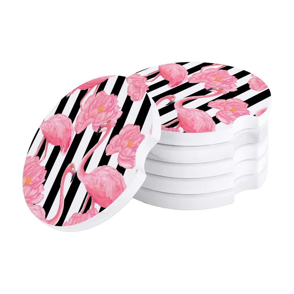 Pink Flamingo Blossom Ceramic Car Coasters - 6 Pack Absorbent Cup Holder Mats with Finger Notch for Easy Removal, Black & White Striped Design - Perfect Car Accessories for Drinks, Coffee & Road Trips