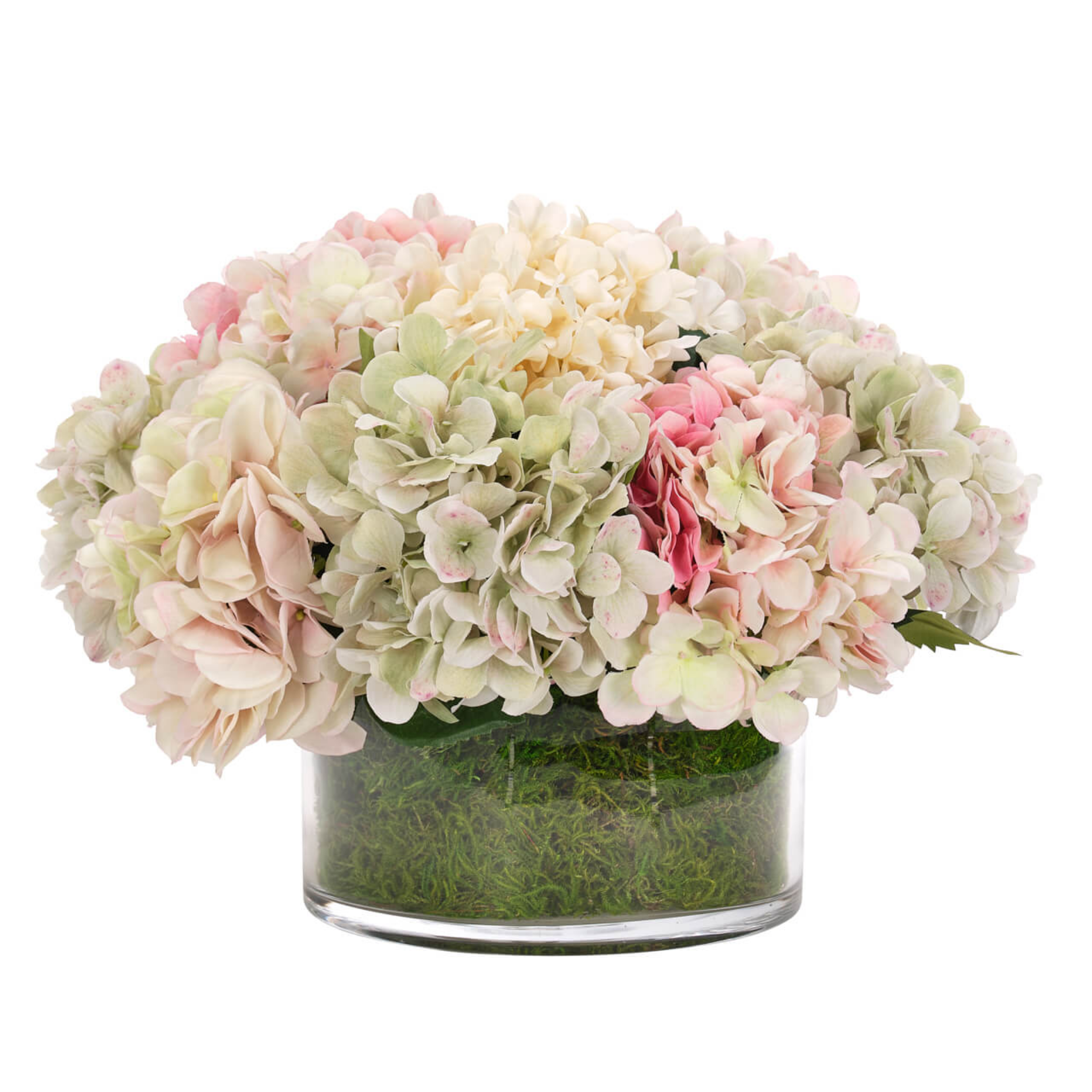 12 Pack Artificial Pink and Green Hydrangea Flowers with Moss in Glass Bowl - Home Decor Centerpiece for Wedding, Table, Office, and Party Decorations