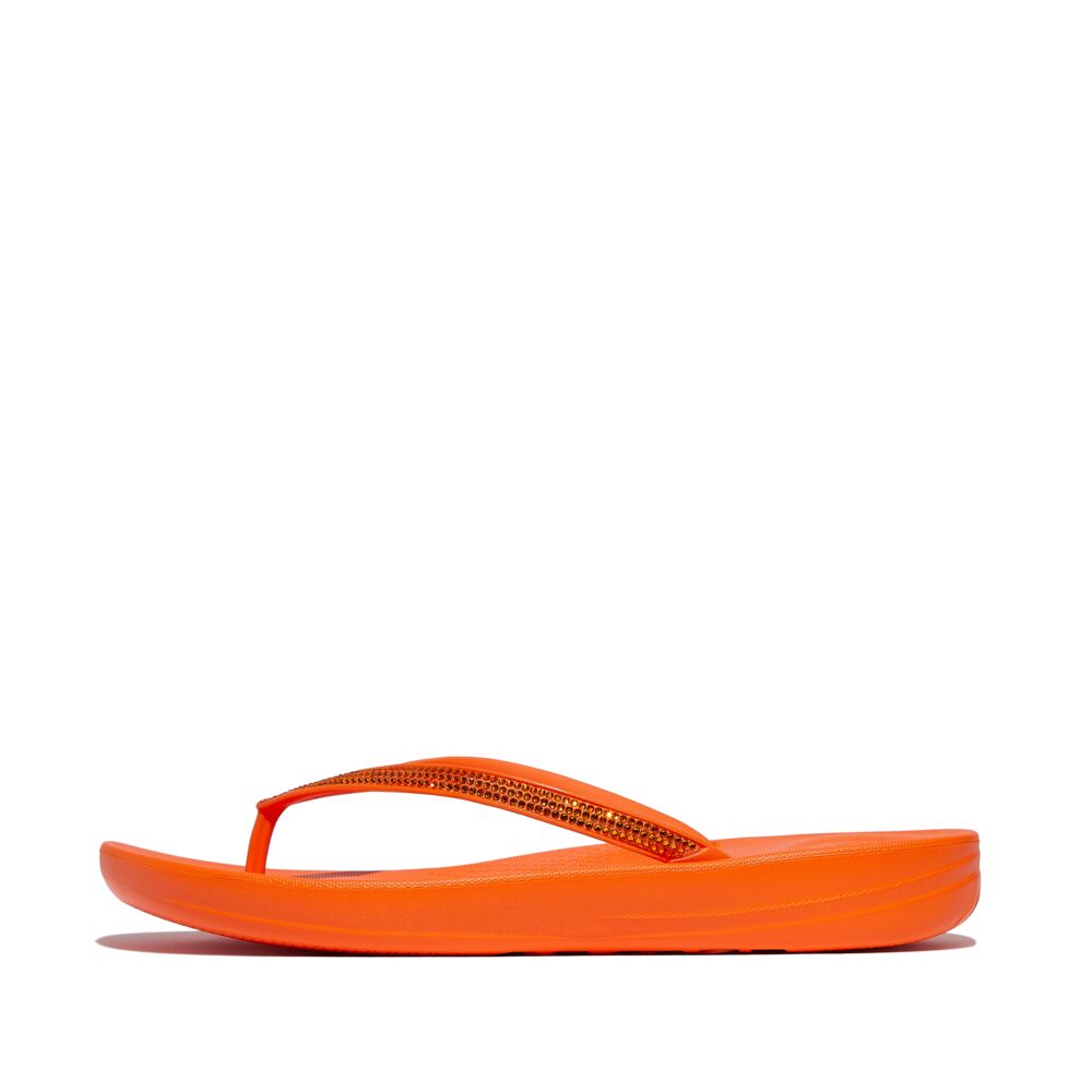 FitFlop Iqushion Sparkle Flip Flops Sandals for Women - Comfortable Slip-On Beach Shoes with Cushioning Support | Perfect for Pool, Vacation & Summer Outfits (Pop Orange)