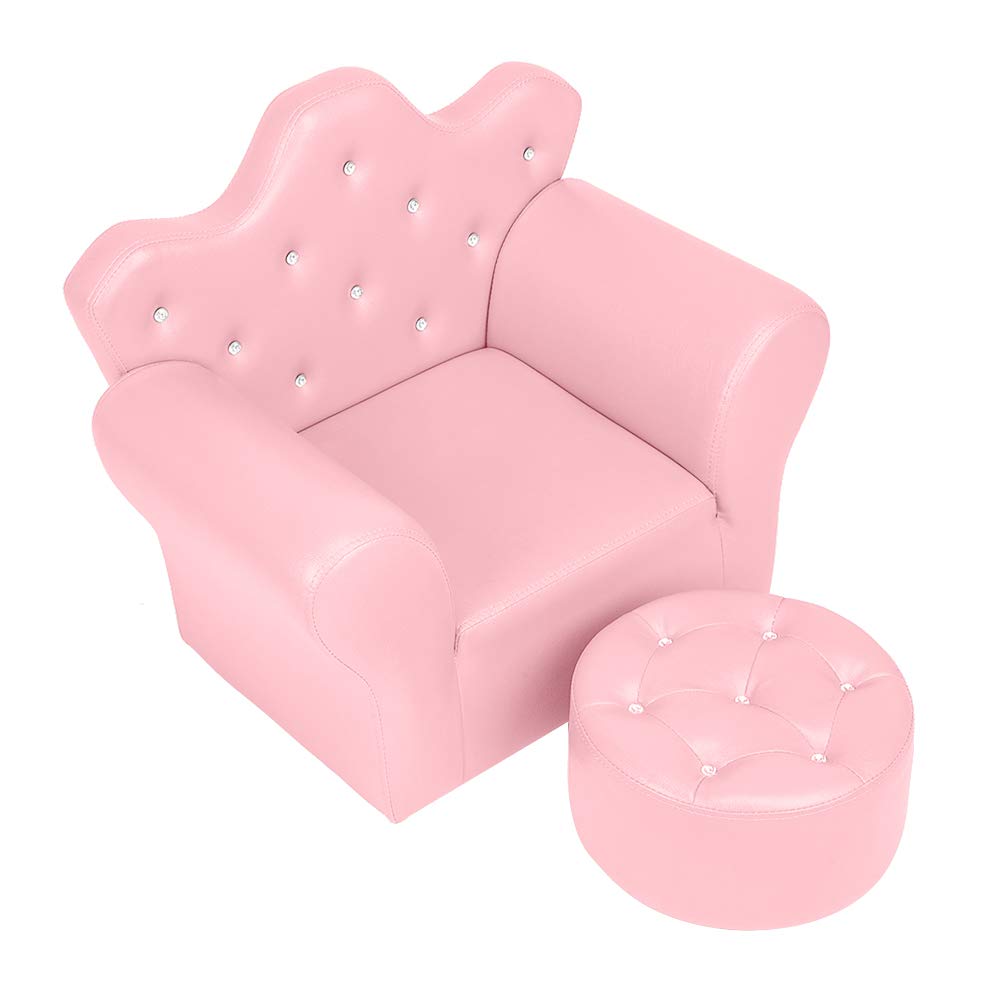 **Kids Princess Sofa Chair with Embedded Crystals - Pink PVC Leather Upholstered Mini Sofa & Ottoman Set for Girls & Boys Bedroom, Playroom, or Living Room - Perfect for Reading, Relaxing, and Pretend Play**