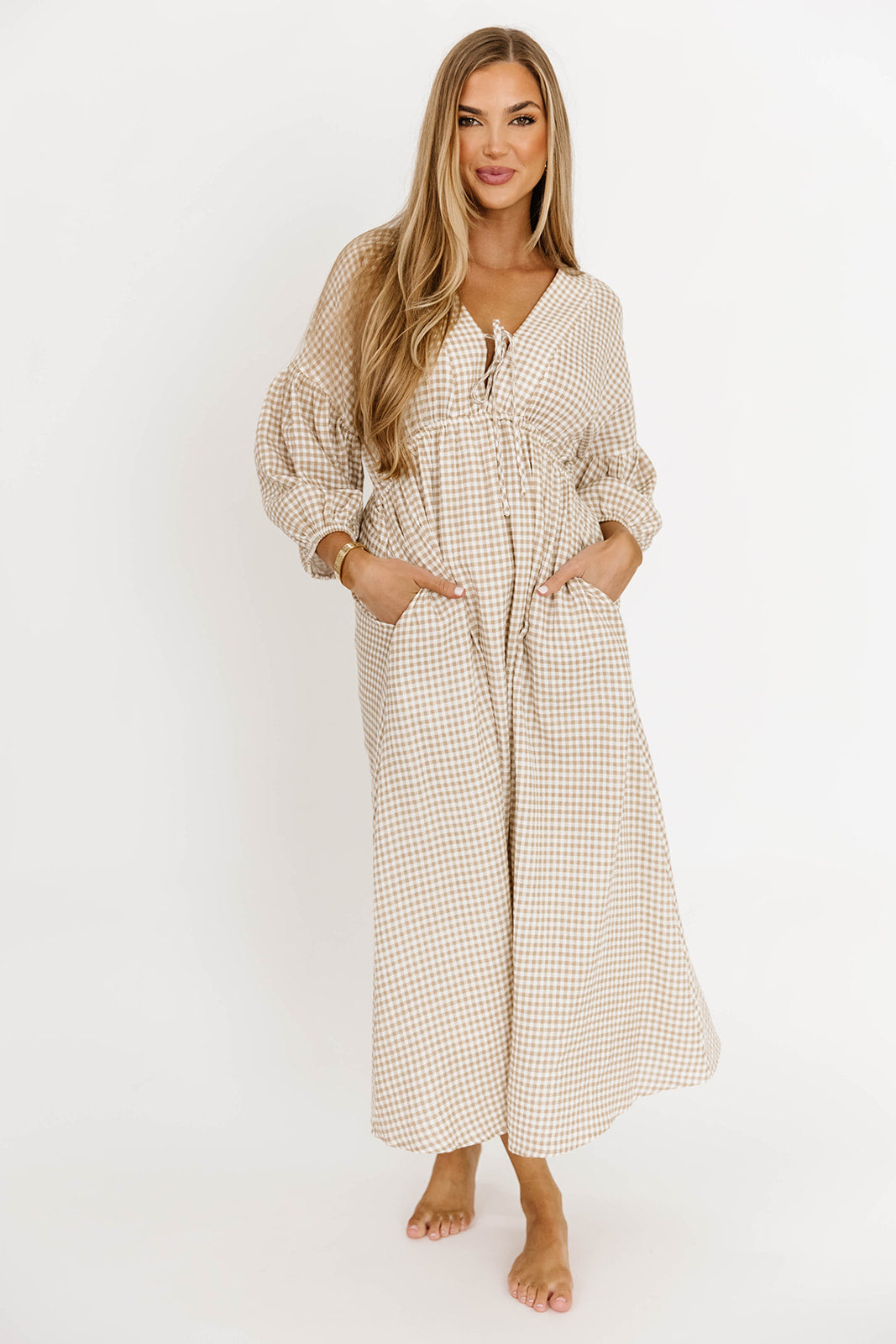 Hunter Printed Gauze Midi Dress in Natural Plaid - Bump Friendly Maternity Dress for Summer, Beach & Casual Wear
